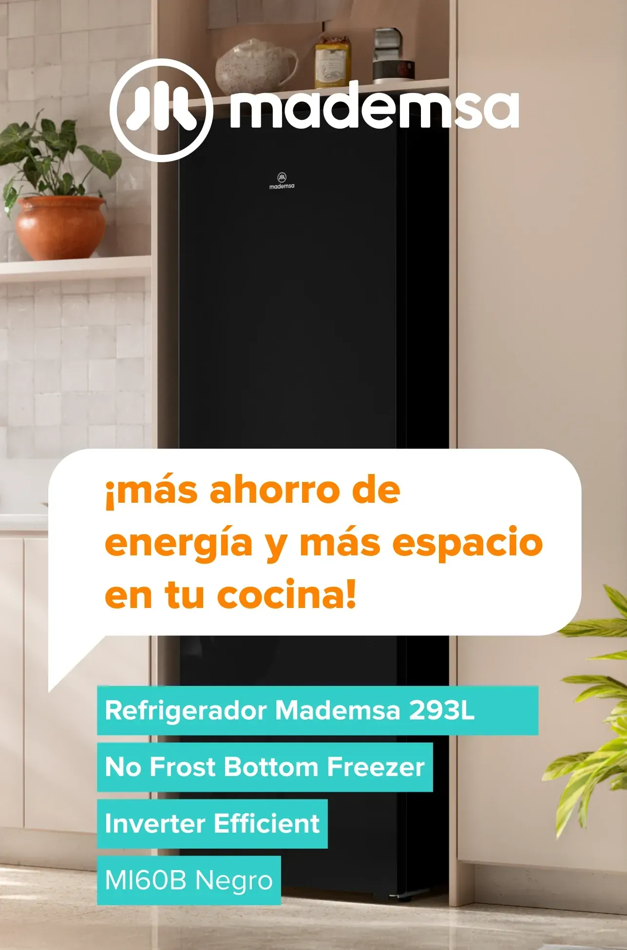¡Más ahorro de energía y más espacio en tu cocina! Refrigerador Mademsa 293L No Frost Bottom Freezer Inverter Efficient MI60B Negro