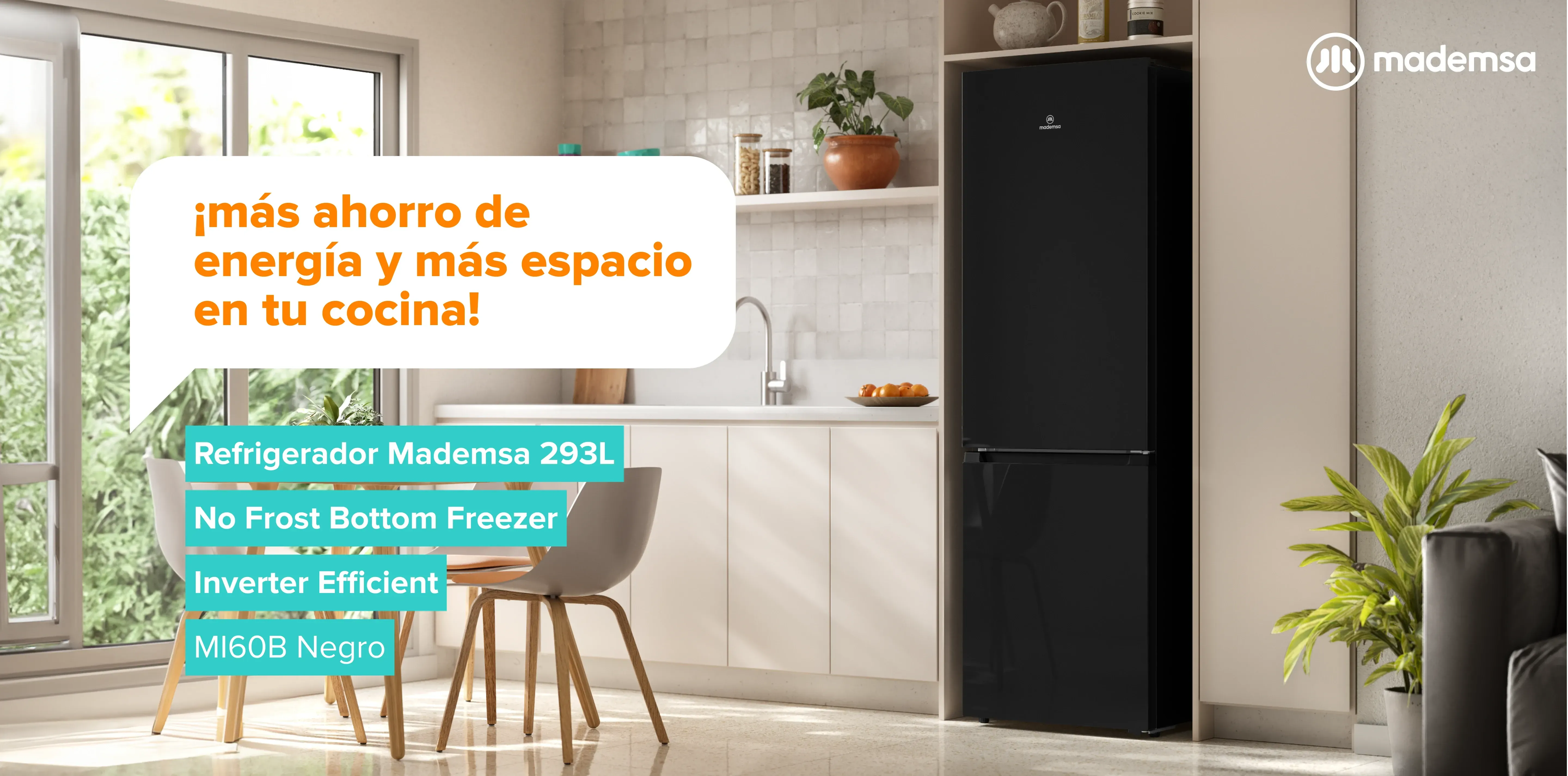 ¡Más ahorro de energía y más espacio en tu cocina! Refrigerador Mademsa 293L No Frost Bottom Freezer Inverter Efficient MI60B Negro
