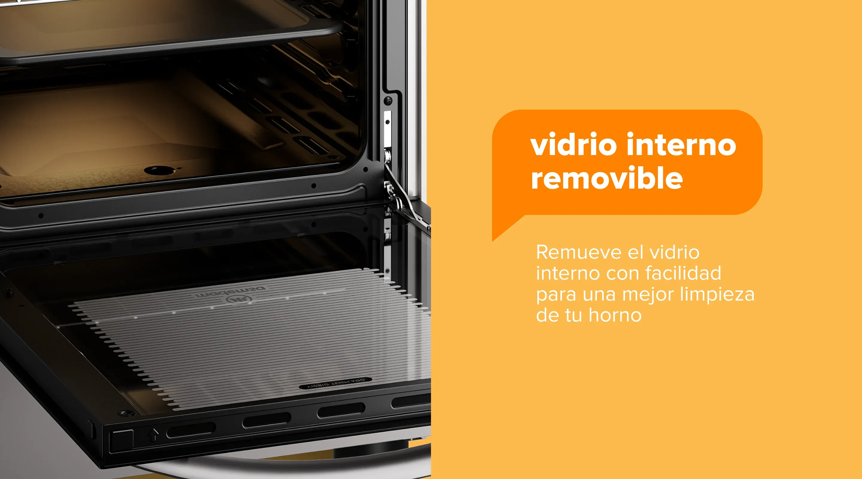 vidrio interno removible - Remueve el vidrio interno con facilidad para una mejor limpieza de tu horno
