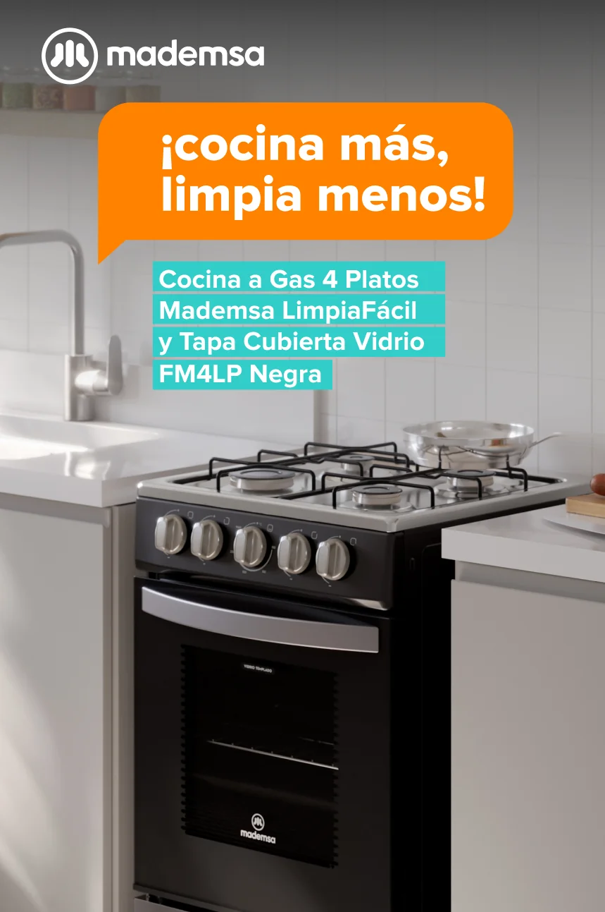¡cocina más, limpia menos! Cocina a Gas 4 Platos Mademsa LimpiaFácil y Tapa Cubierta Vidrio FM4LP Negra