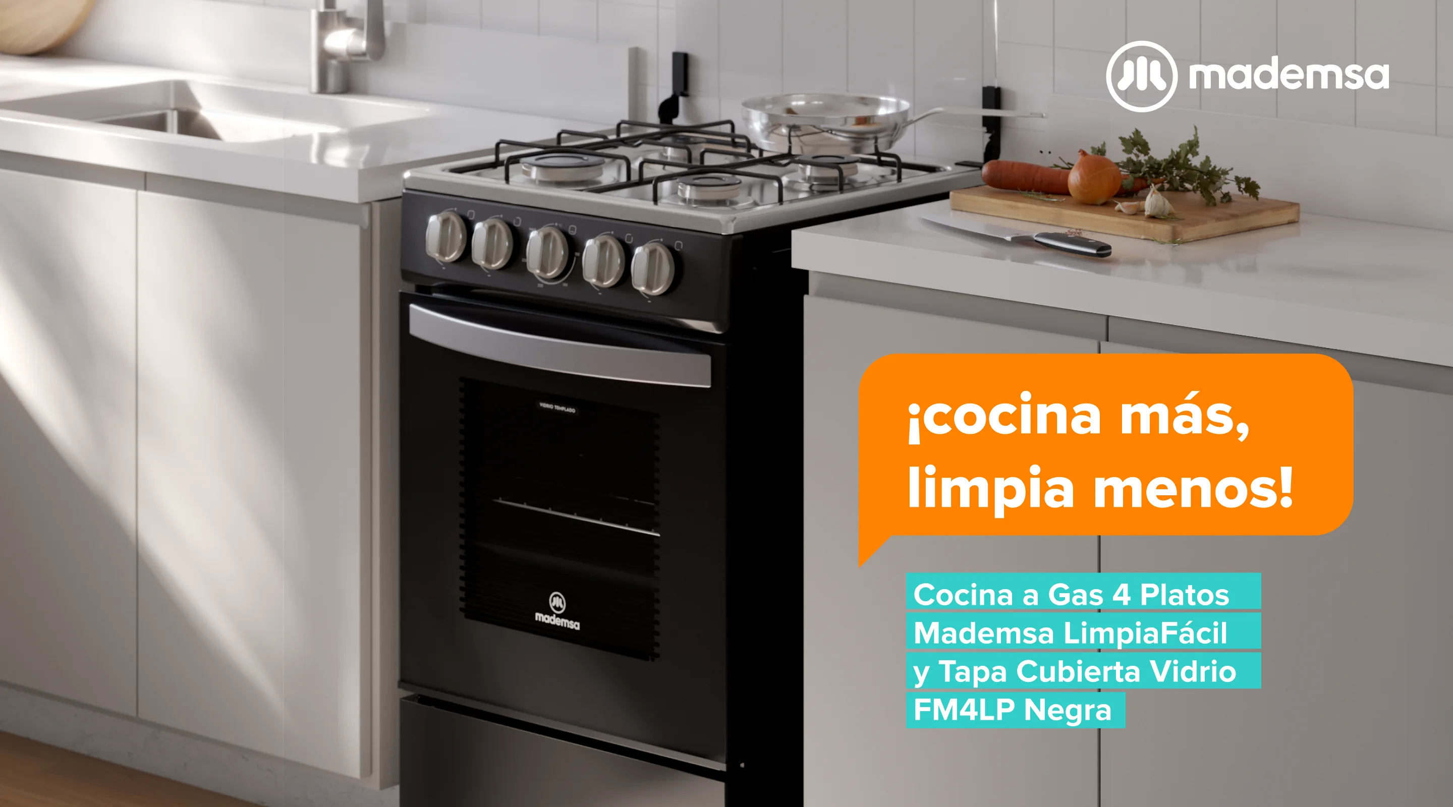 ¡cocina más, limpia menos! Cocina a Gas 4 Platos Mademsa LimpiaFácil y Tapa Cubierta Vidrio FM4LP Negra