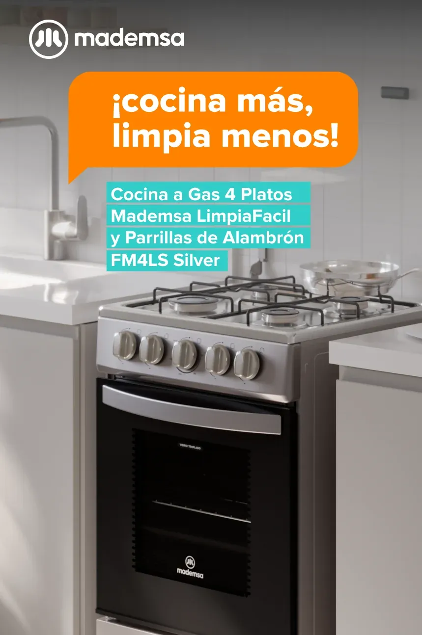 ¡cocina más, limpia menos! Cocina a Gas 4 Platos Mademsa LimpiaFacil y Parrillas de Alambrón FM4LS Silver