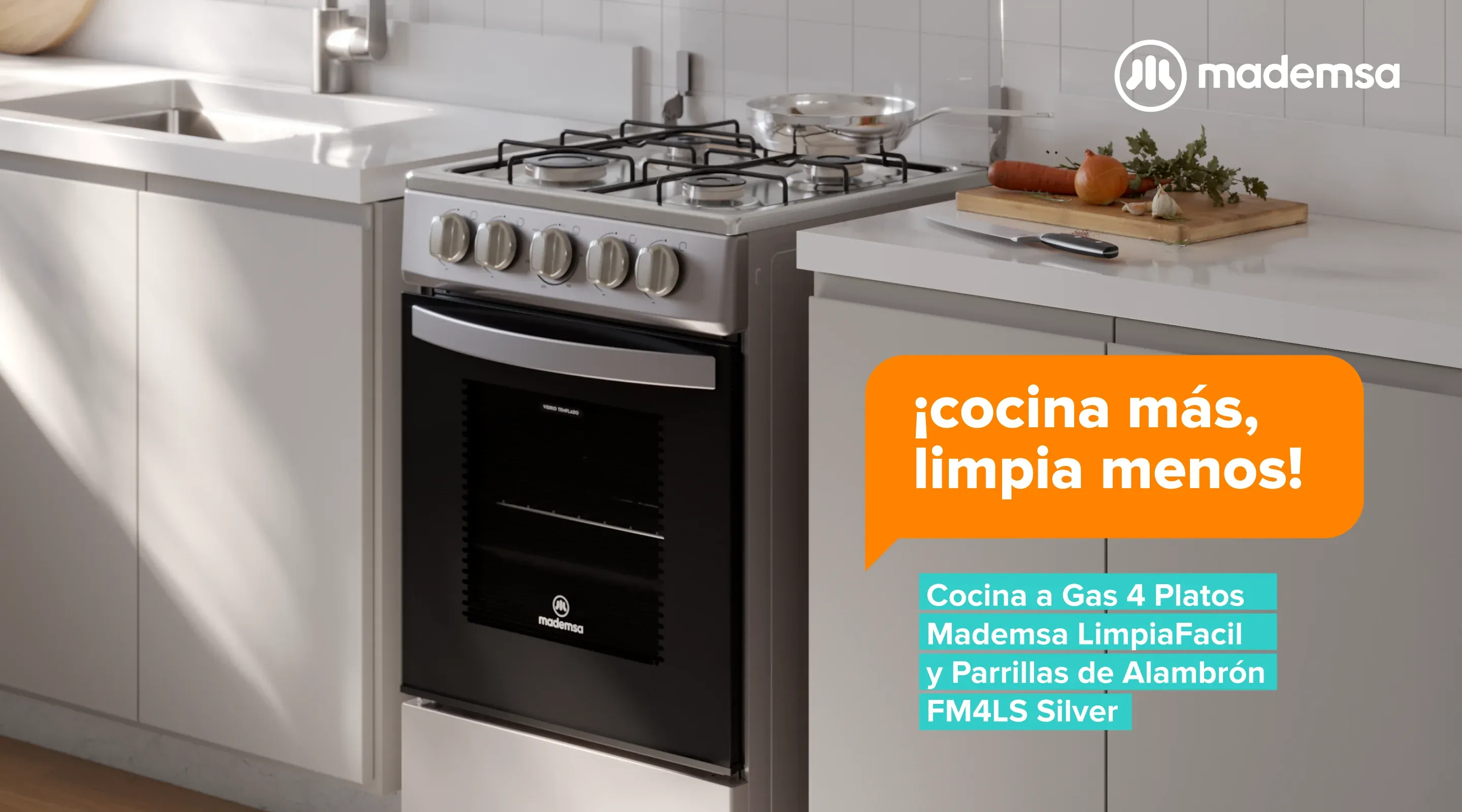 ¡cocina más, limpia menos! Cocina a Gas 4 Platos Mademsa LimpiaFacil y Parrillas de Alambrón FM4LS Silver
