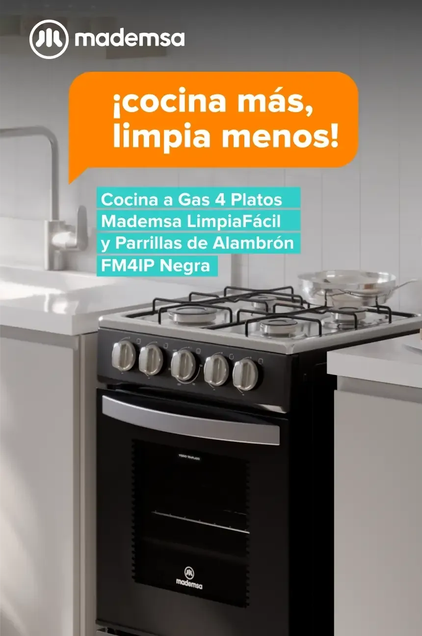 ¡cocina más, limpia menos! Cocina a Gas 4 Platos Mademsa LimpiaFácil y Parrillas de Alambrón FM4IP Negra