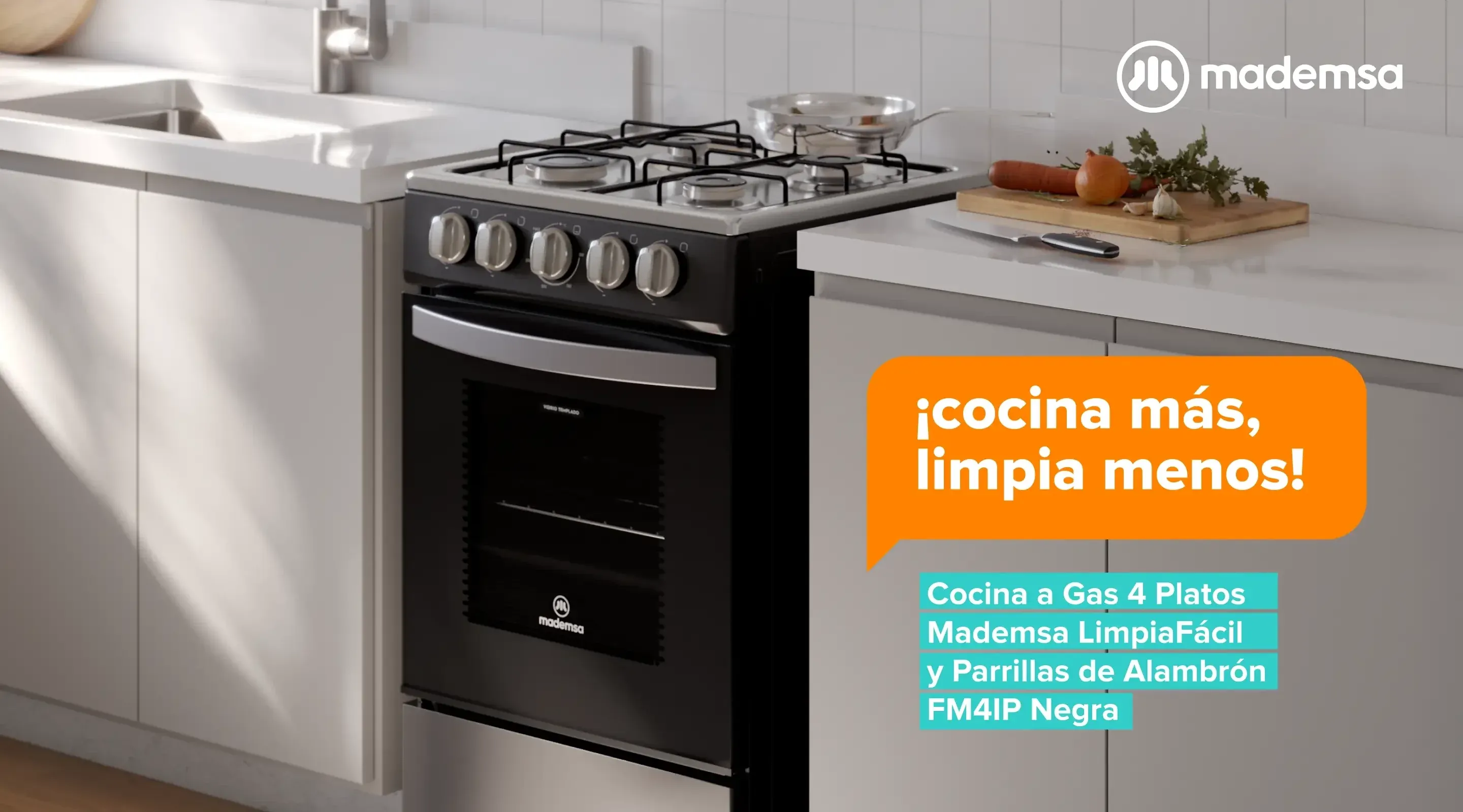 ¡cocina más, limpia menos! Cocina a Gas 4 Platos Mademsa LimpiaFácil y Parrillas de Alambrón FM4IP Negra