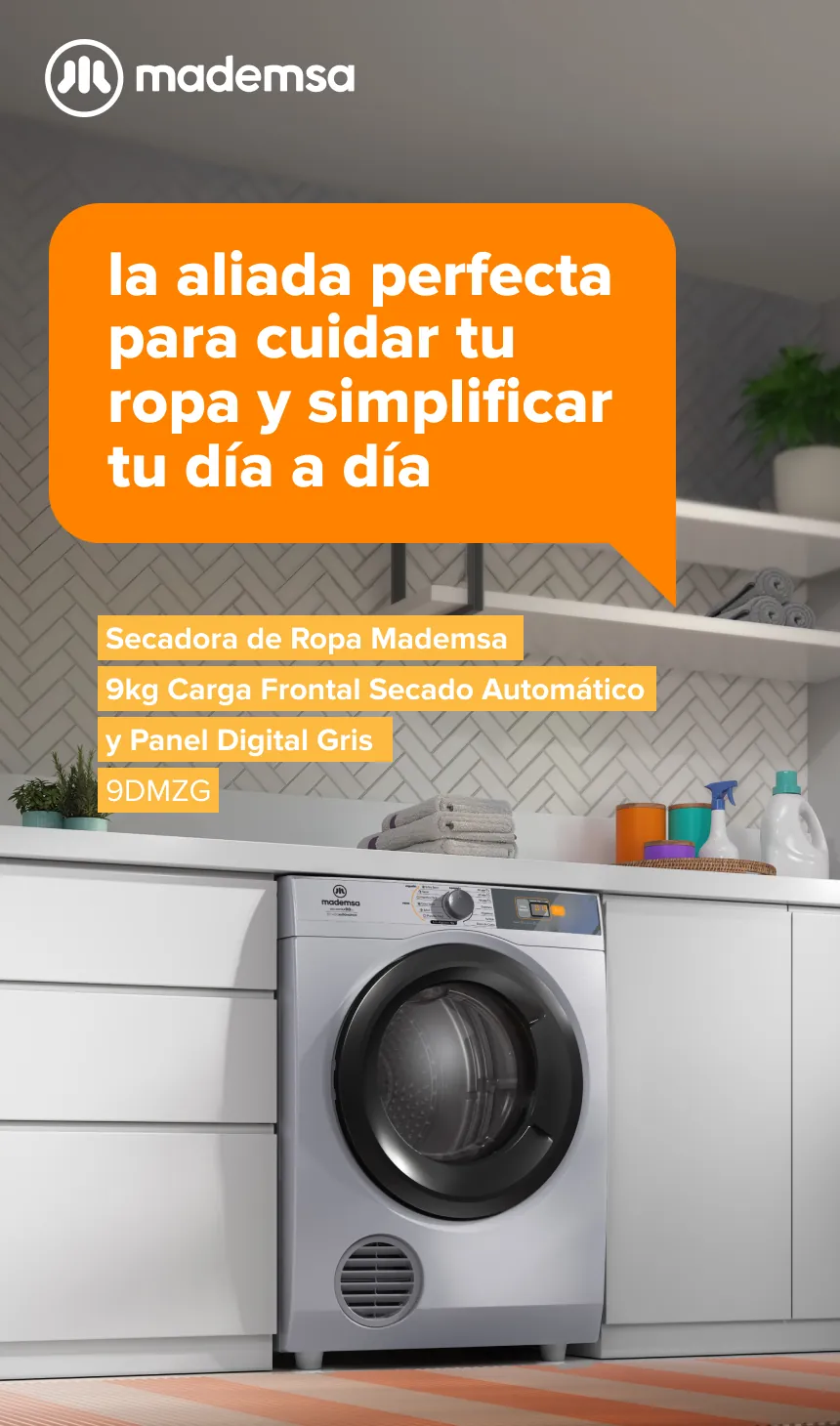La aliada perfecta para cuidar tu ropa y simplificar tu día a día - Secadora de Ropa Mademsa 9KG Carga Frontal Secado Automático y Panel Digital Gris 9DMZG