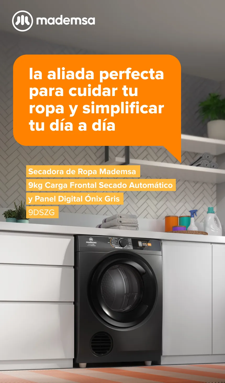 La aliada perfecta para cuidar tu ropa y simplificar tu día a día - Secadora de Ropa Mademsa 9KG Carga Frontal Secado Automático y Panel Digital Ónix Gris 9DSZG