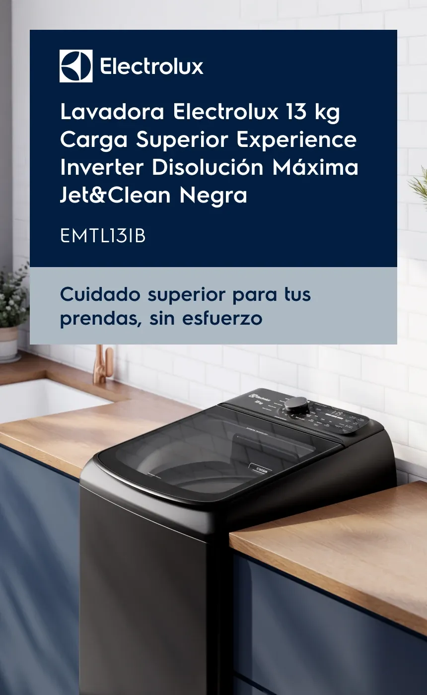 Lavadora Electrolux 13 kg Carga Superior Experience Inverter Disolución Máxima Jet&Clean Negra - EMTL13IB. Cuidado superior para tus prendas, sin esfuerzo