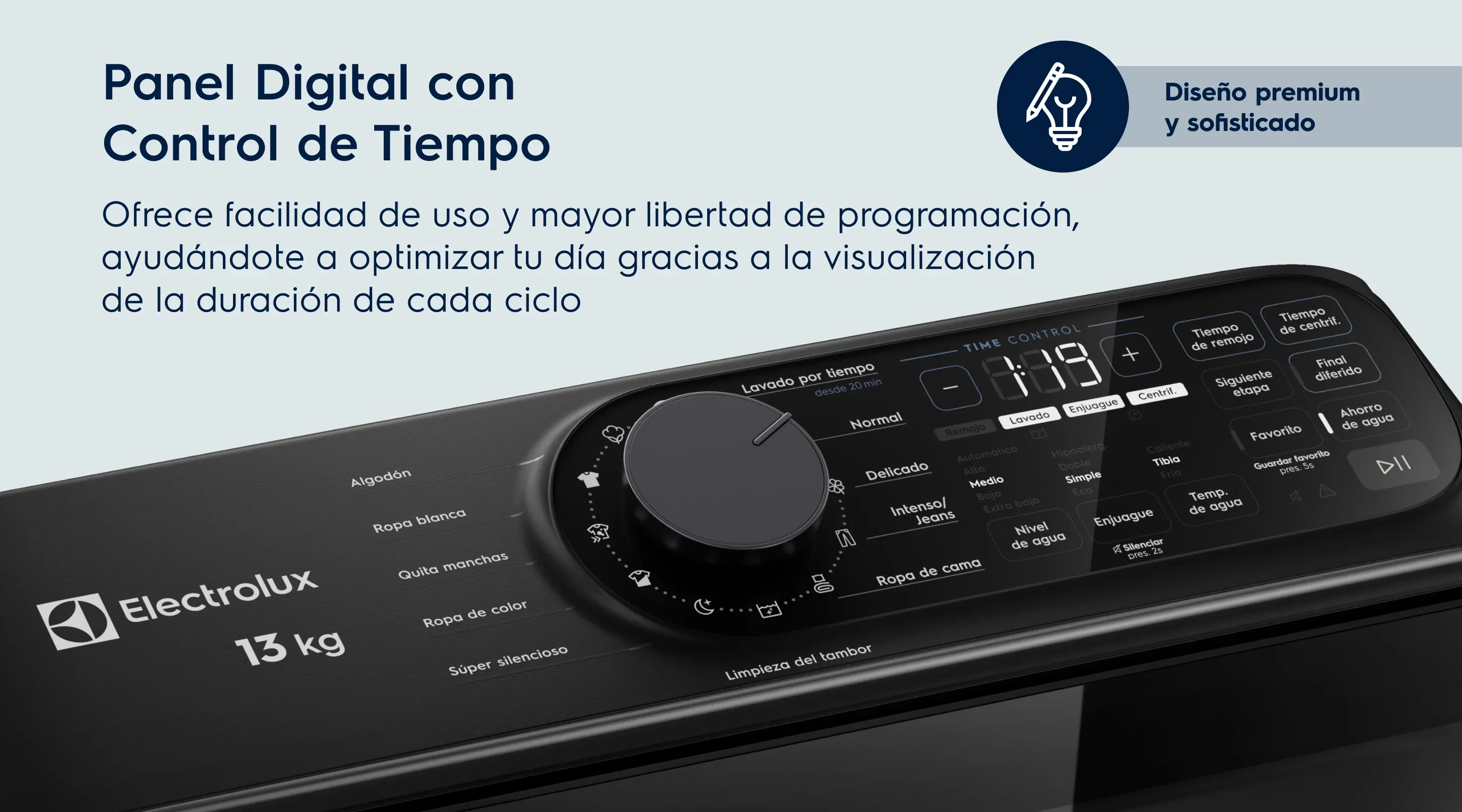 Panel Digital con Control de Tiempo. Ofrece facilidad de uso y mayor libertad de programación, ayudándote a optimizar tu día gracias a la visualización de la duración de cada ciclo