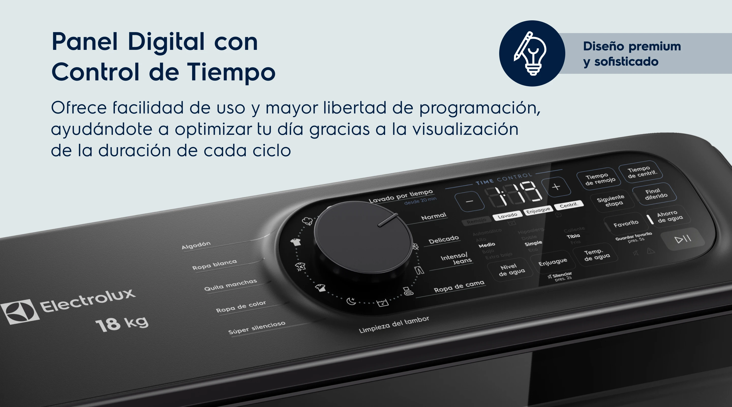Panel Digital con Control de Tiempo. Ofrece facilidad de uso y mayor libertad de programación, ayudándote a optimizar tu día gracias a la visualización de la duración de cada ciclo