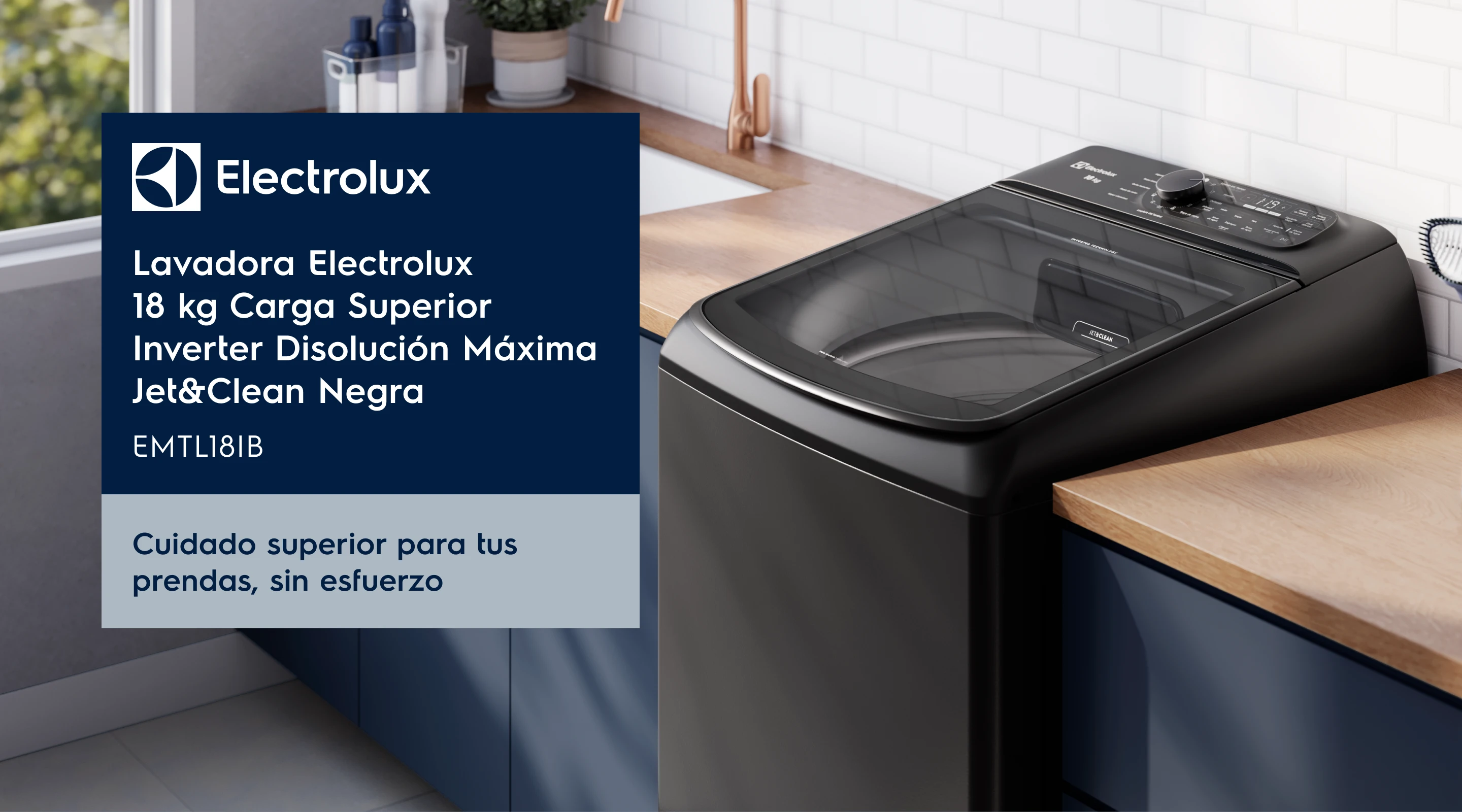Lavadora Electrolux 18 kg Carga Superior Inverter Disolución Máxima Jet&Clean Negra - EMTL18IB. Cuidado superior para tus prendas, sin esfuerzo