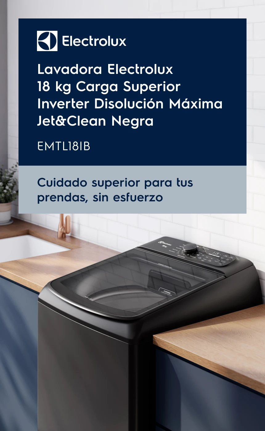 Lavadora Electrolux 18 kg Carga Superior Inverter Disolución Máxima Jet&Clean Negra - EMTL18IB. Cuidado superior para tus prendas, sin esfuerzo