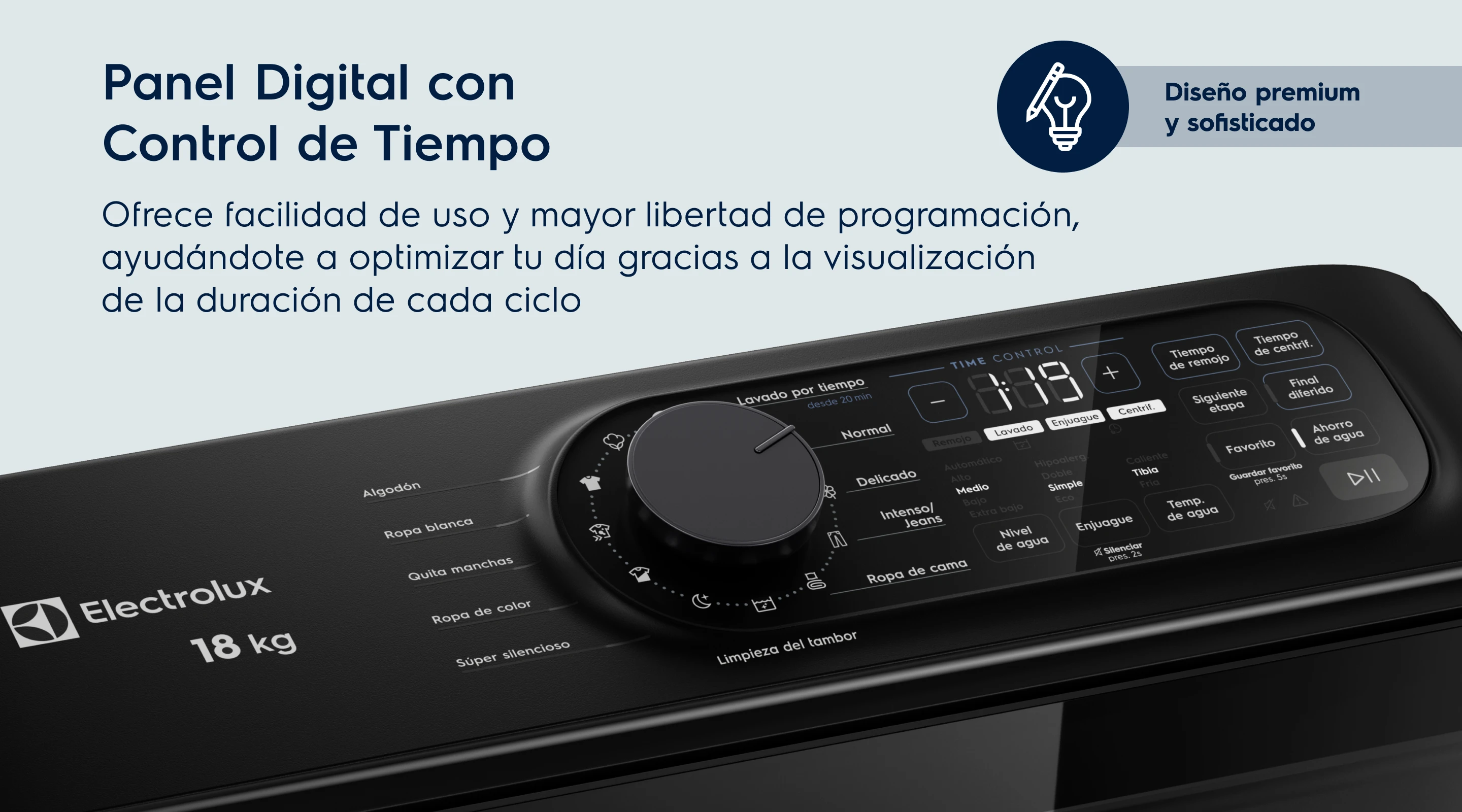 Panel Digital con Control de Tiempo. Ofrece facilidad de uso y mayor libertad de programación, ayudándote a optimizar tu día gracias a la visualización de la duración de cada ciclo