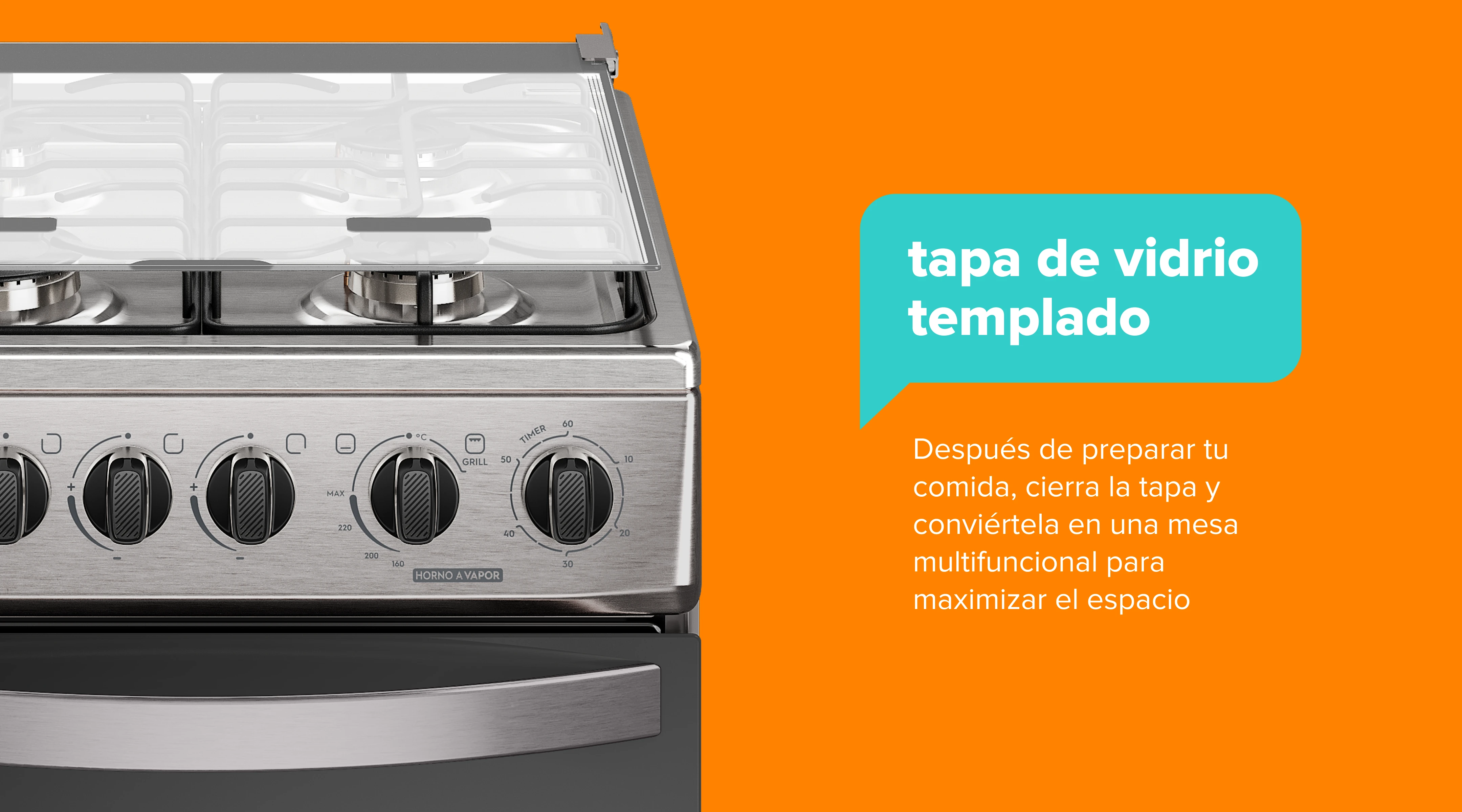 tapa de vidrio templado. Después de preparar tu comida, cierra la tapa y conviértela en una mesa multifuncional para maximizar el espacio