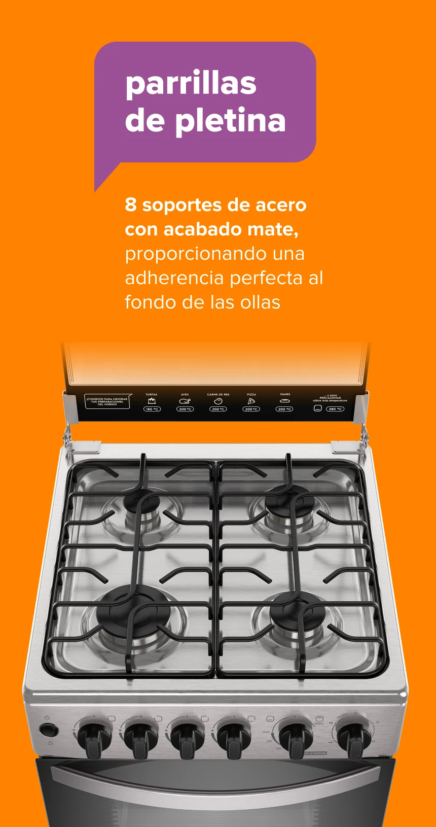 parrillasde pletina. 8 soportes de acero con acabado mate, proporcionando una adherencia perfecta al fondo de las ollas
