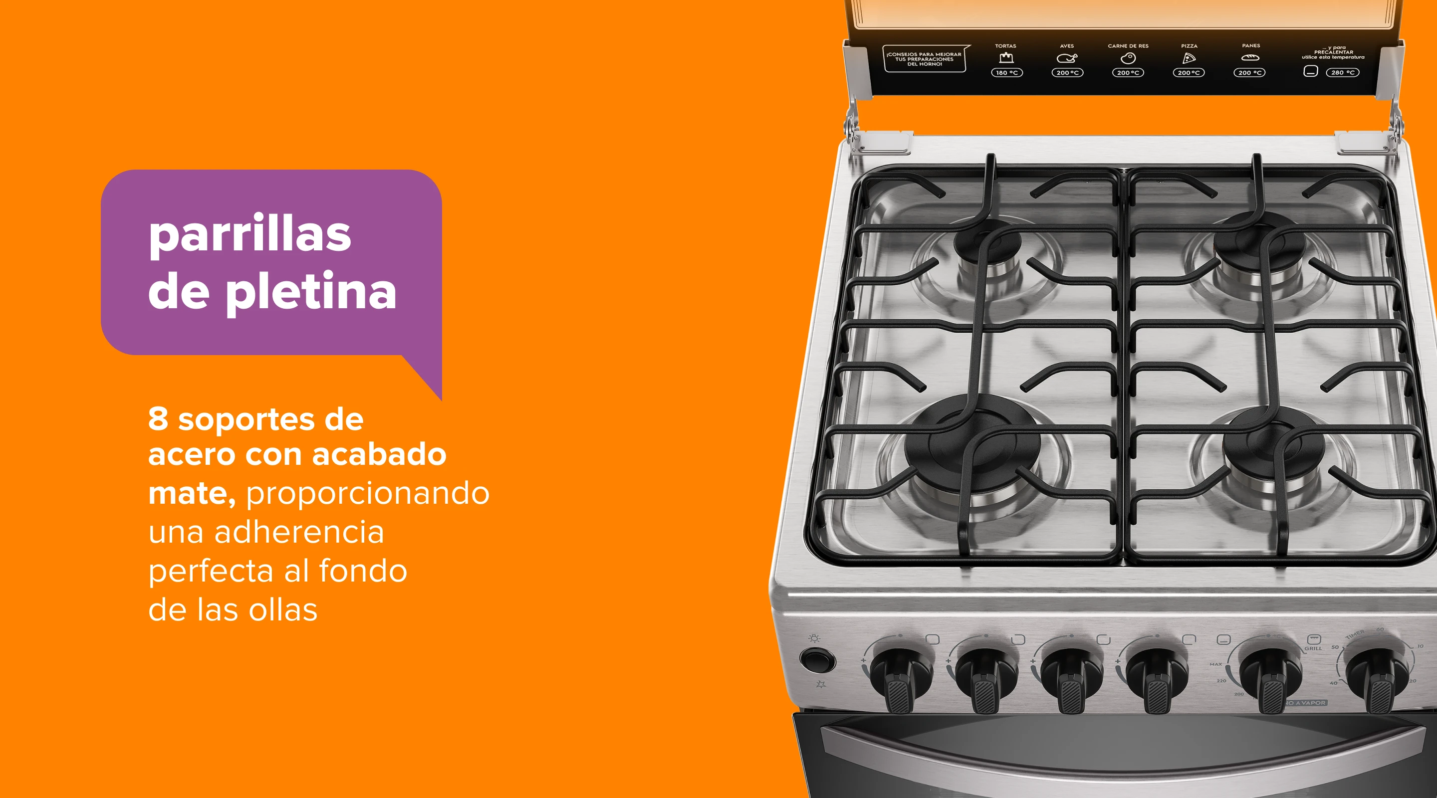 parrillasde pletina. 8 soportes de acero con acabado mate, proporcionando una adherencia perfecta al fondo de las ollas