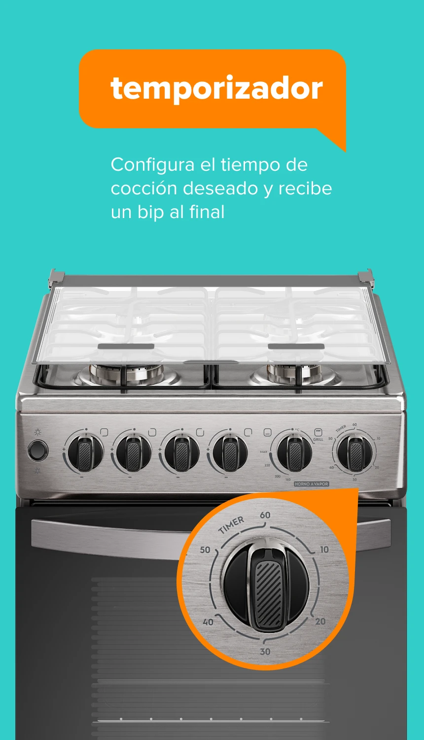 timer. Configura el tiempo de cocción deseado y recibe un bip al final