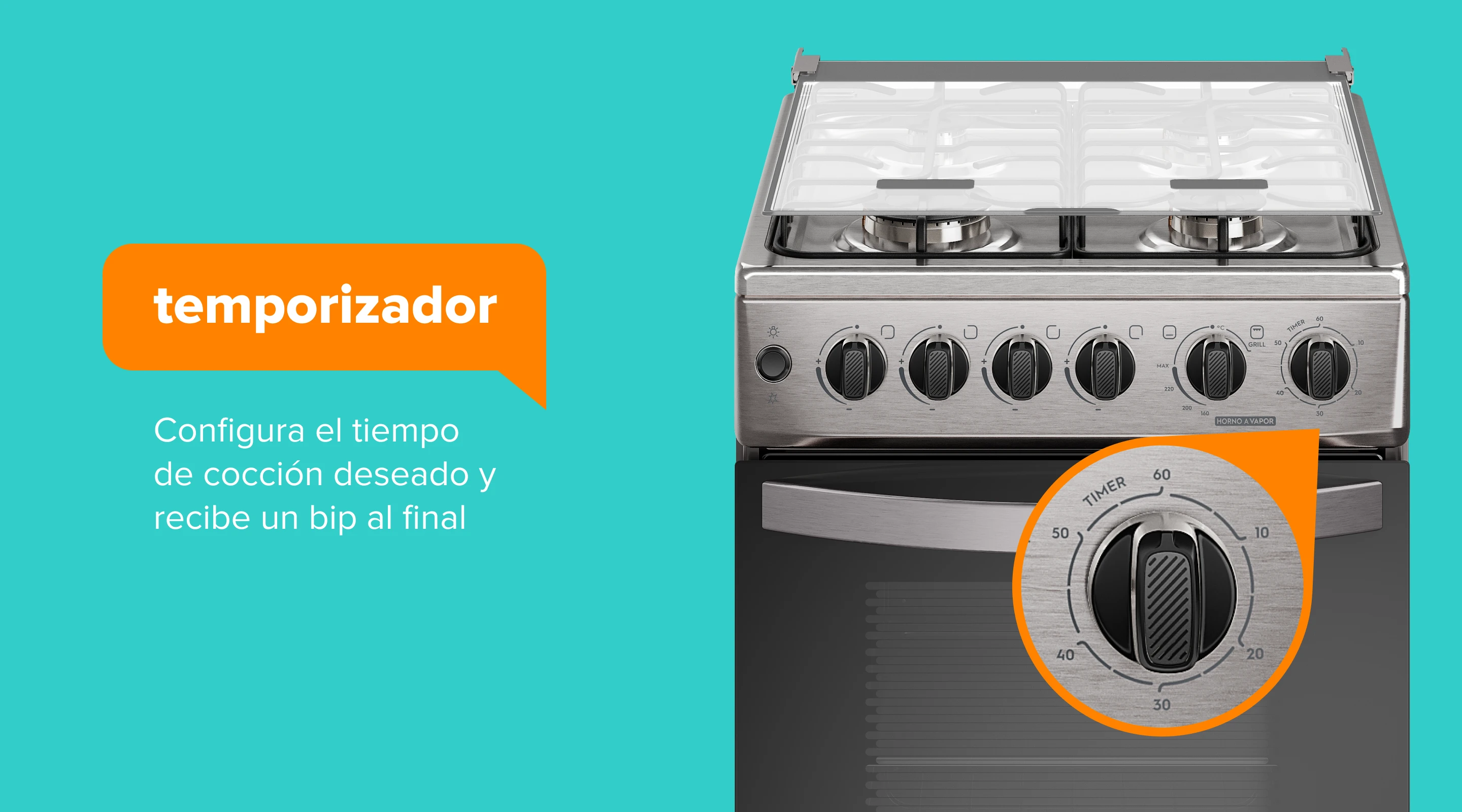 timer. Configura el tiempo de cocción deseado y recibe un bip al final