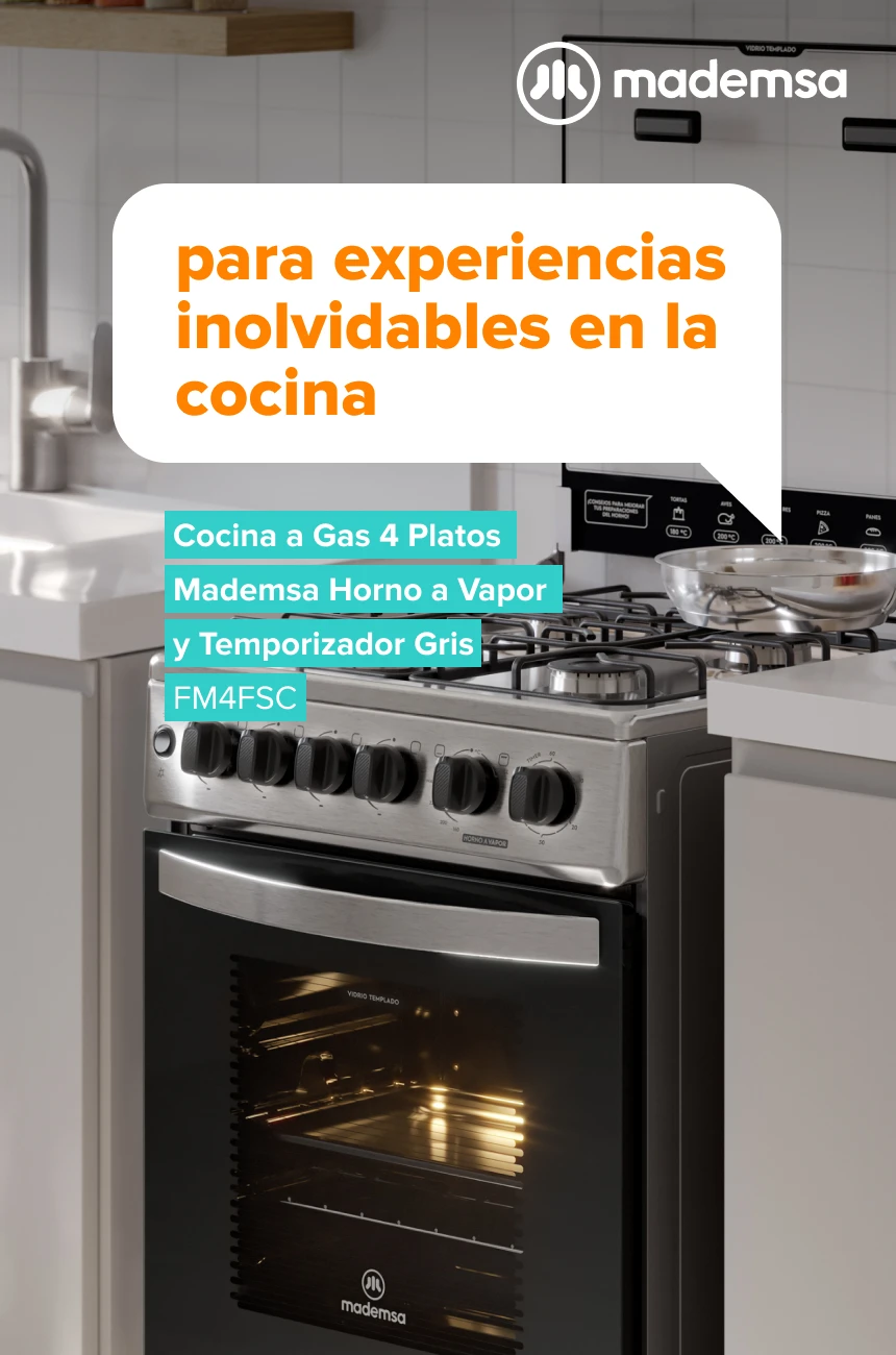 Para experiencias inolvidables en la cocina. Cocina a Gas 4 Platos Mademsa Horno a Vapor y Timer Gris FM4FSC