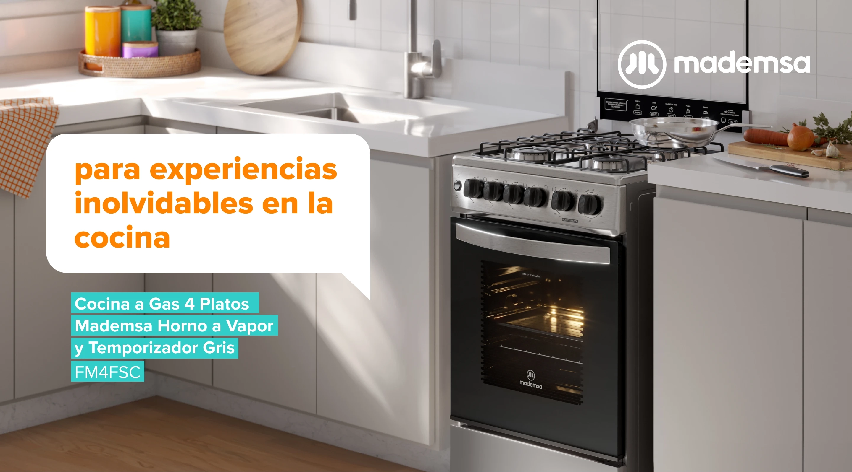Para experiencias inolvidables en la cocina. Cocina a Gas 4 Platos Mademsa Horno a Vapor y Timer Gris FM4FSC
