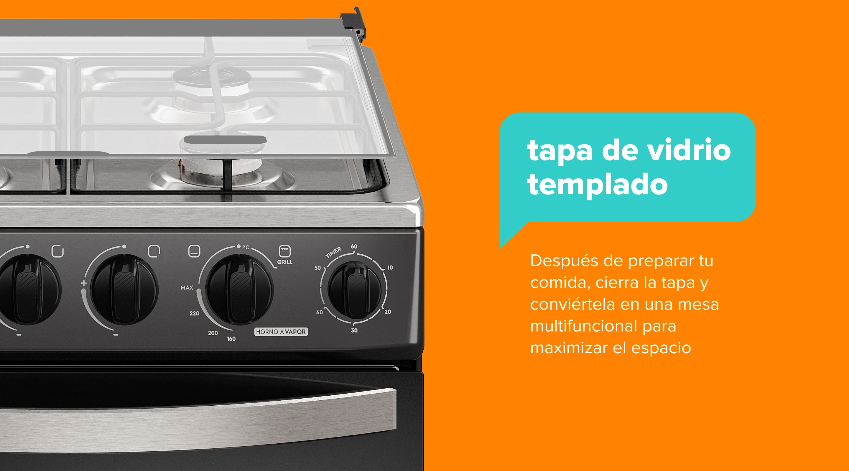 tapa de vidrio templado. Después de preparar tu comida, cierra la tapa y conviértela en una mesa multifuncional para maximizar el espacio