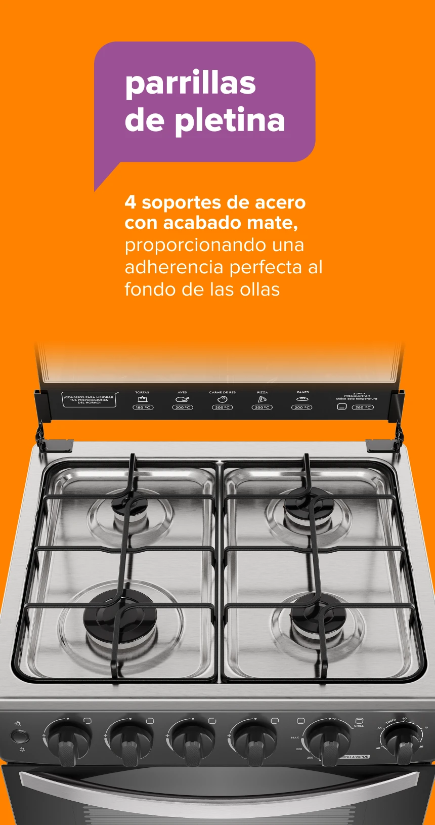 parrillasde pletina. 8 soportes de acero con acabado mate, proporcionando una adherencia perfecta al fondo de las ollas