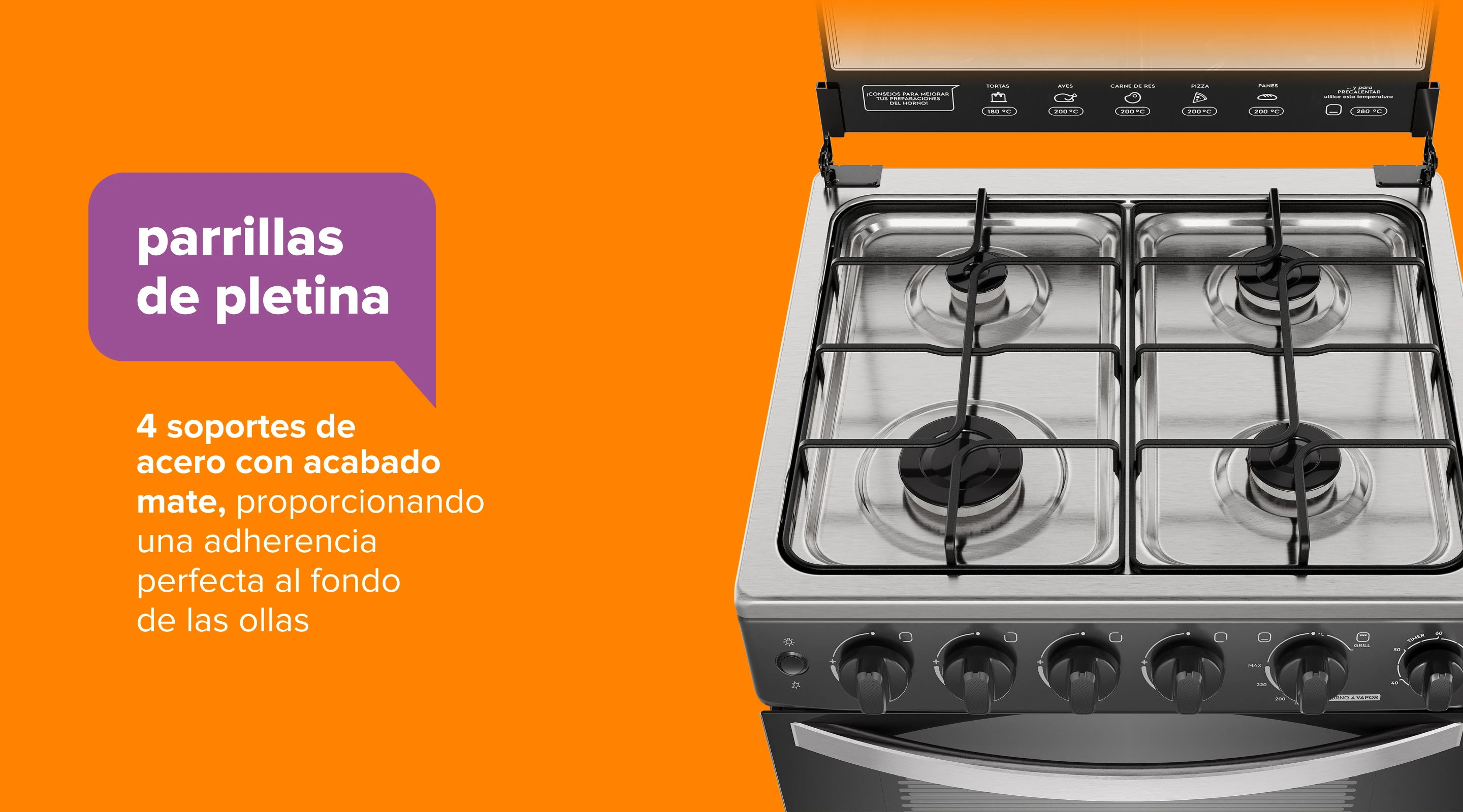 parrillasde pletina. 8 soportes de acero con acabado mate, proporcionando una adherencia perfecta al fondo de las ollas