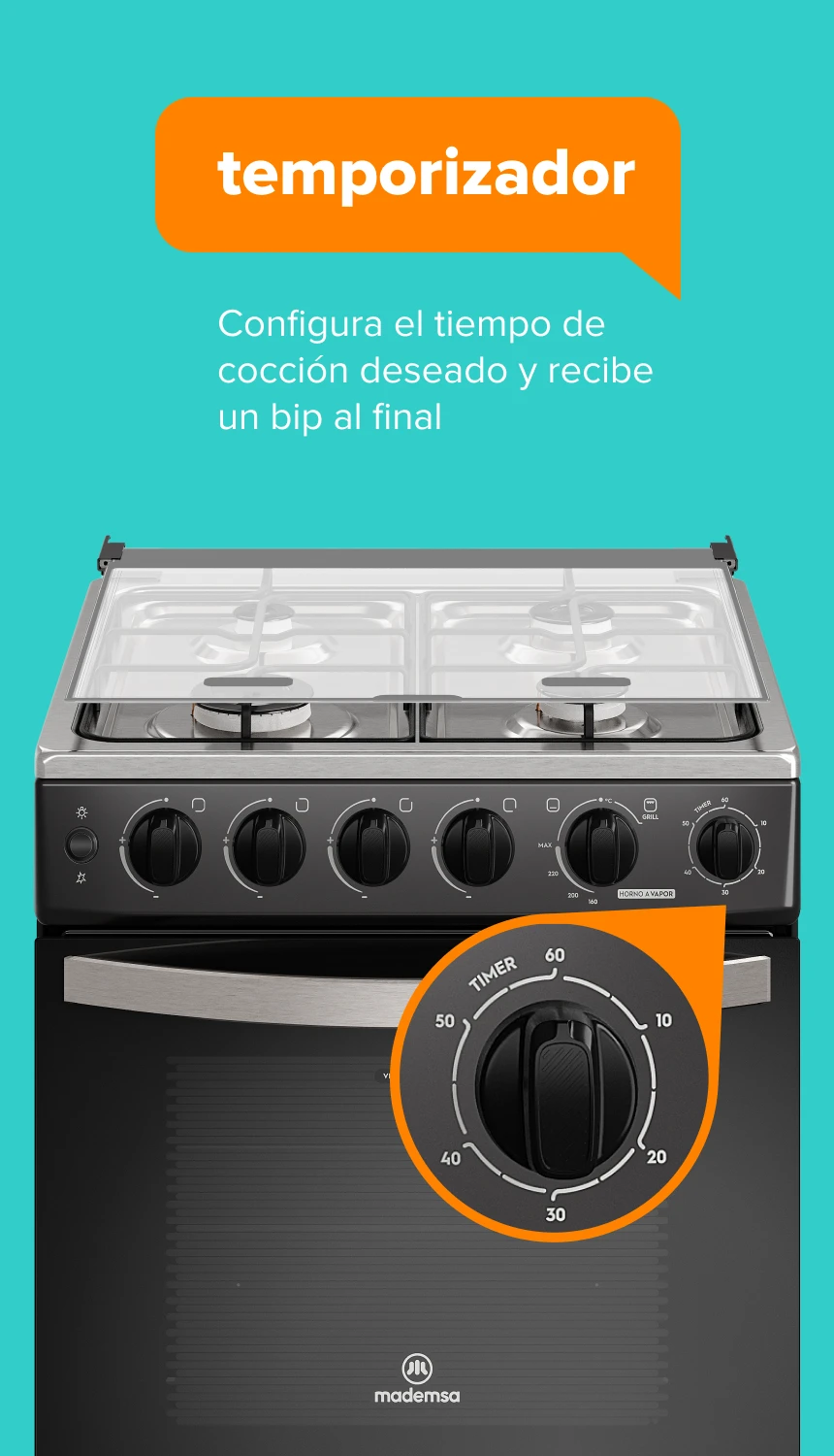timer. Configura el tiempo de cocción deseado y recibe un bip al final