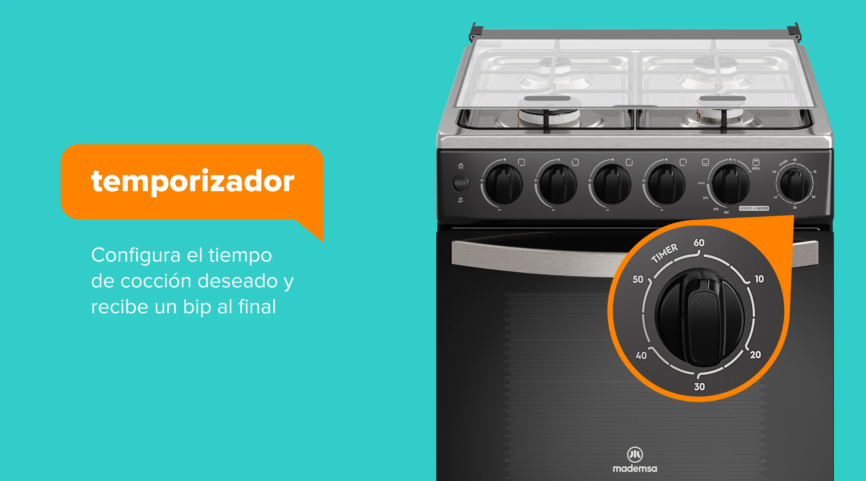 timer. Configura el tiempo de cocción deseado y recibe un bip al final