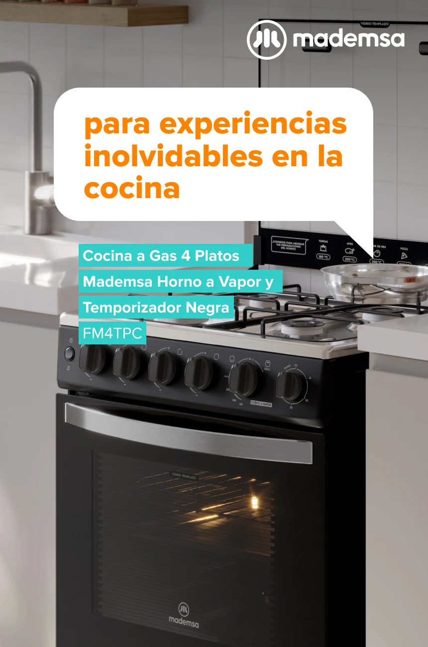 Para experiencias inolvidables en la cocina. Cocina a Gas 4 Platos Mademsa Horno a Vapor y Timer Gris FM4TPC
