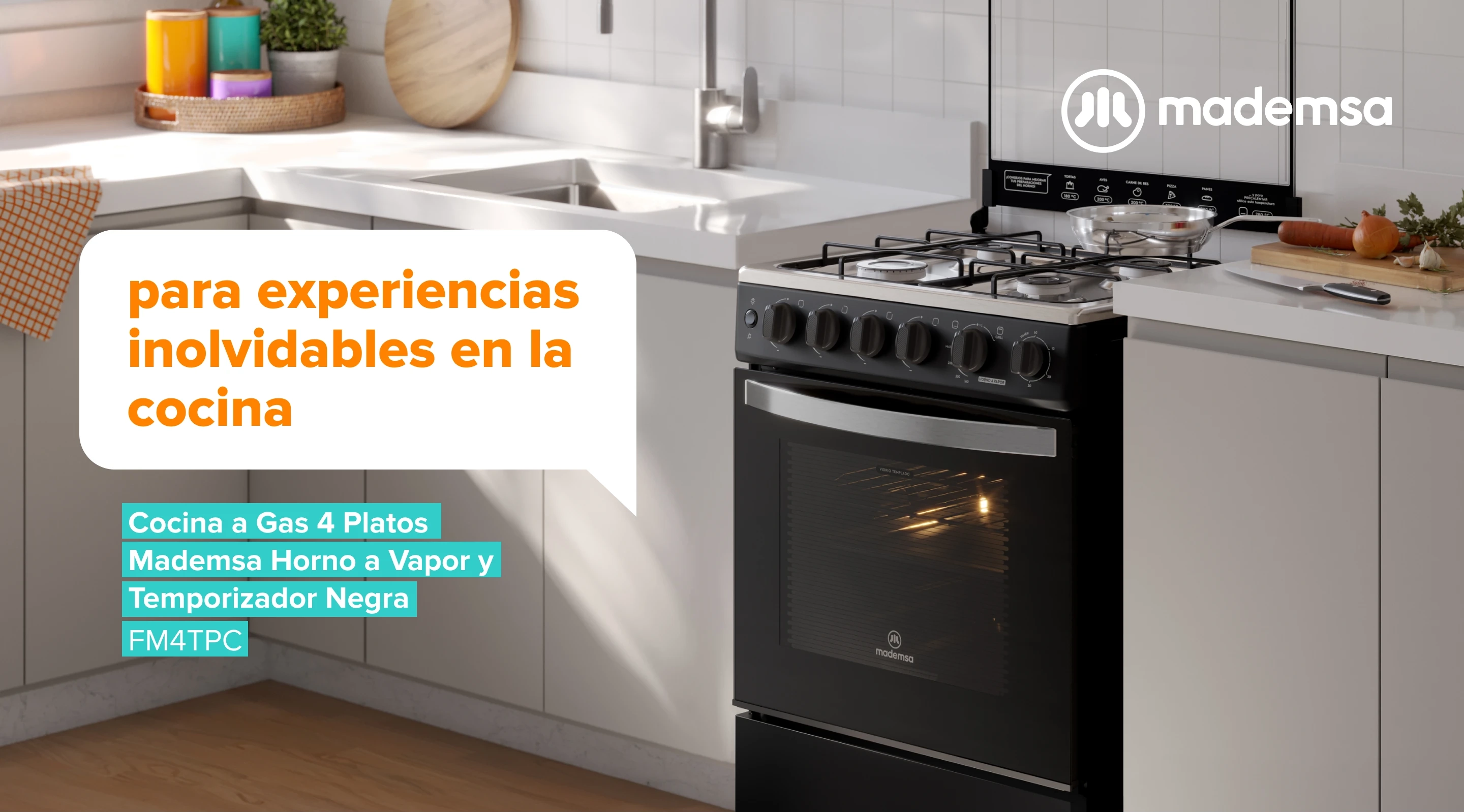 Para experiencias inolvidables en la cocina. Cocina a Gas 4 Platos Mademsa Horno a Vapor y Timer Gris FM4TPC