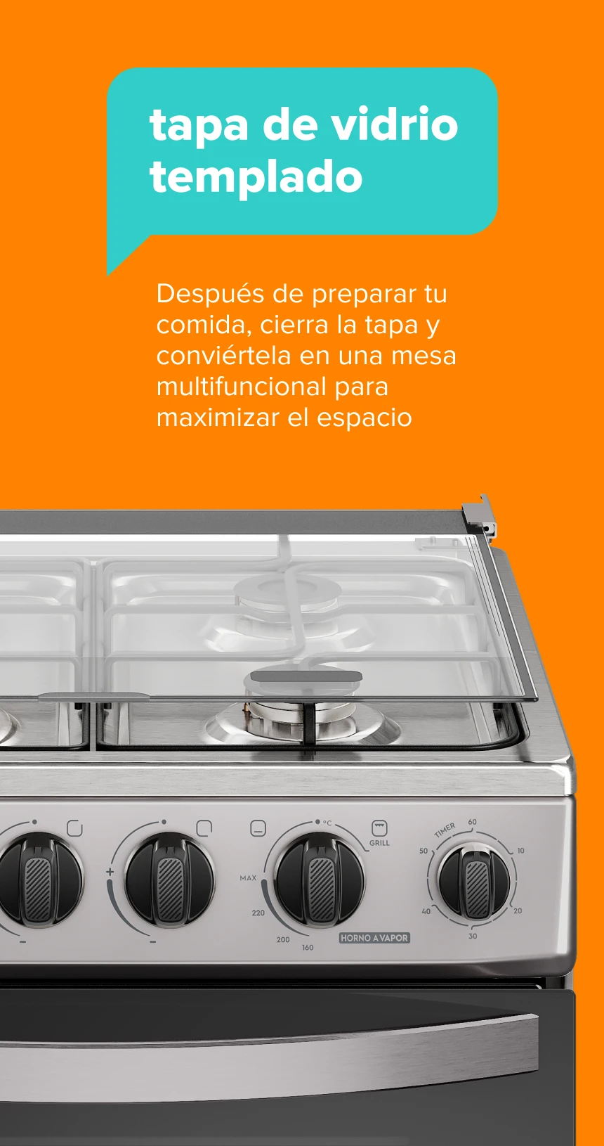 tapa de vidrio templado. Después de preparar tu comida, cierra la tapa y conviértela en una mesa multifuncional para maximizar el espacio