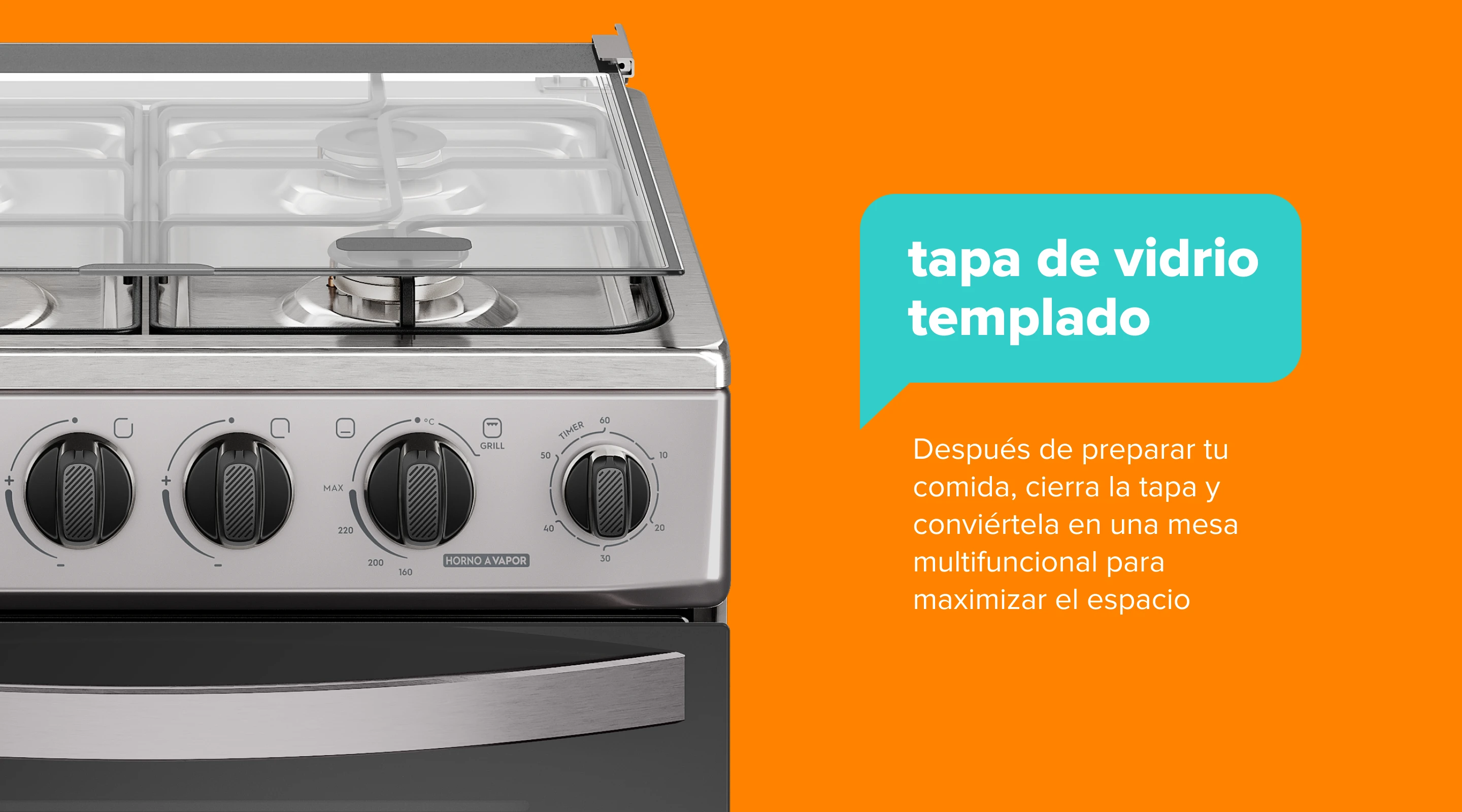 tapa de vidrio templado. Después de preparar tu comida, cierra la tapa y conviértela en una mesa multifuncional para maximizar el espacio