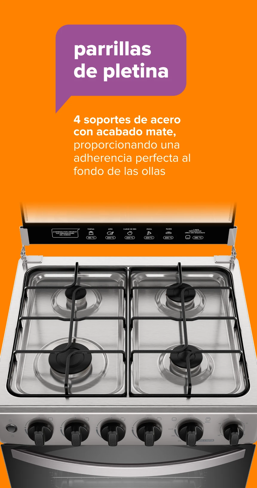 parrillasde pletina. 8 soportes de acero con acabado mate, proporcionando una adherencia perfecta al fondo de las ollas