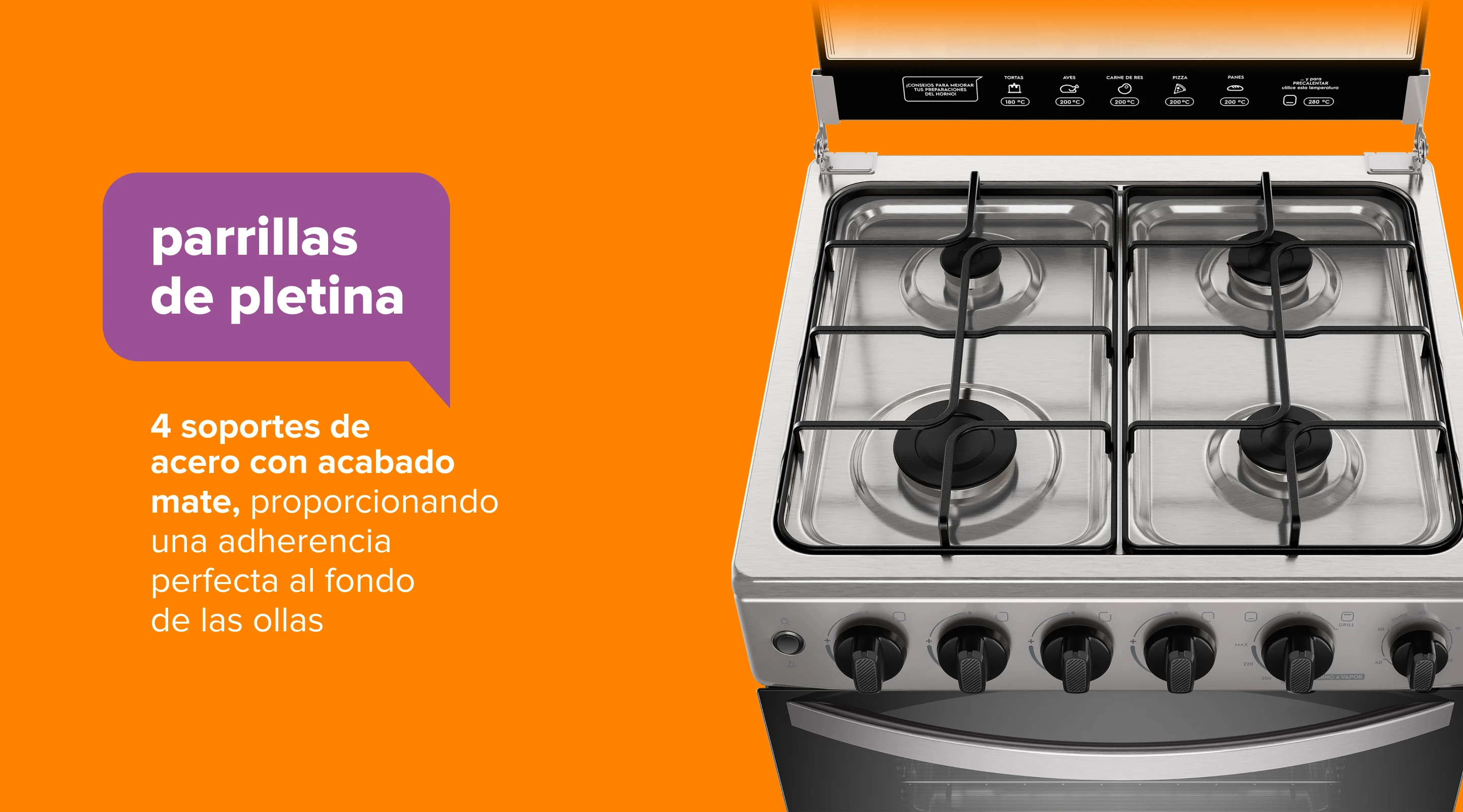 parrillasde pletina. 8 soportes de acero con acabado mate, proporcionando una adherencia perfecta al fondo de las ollas