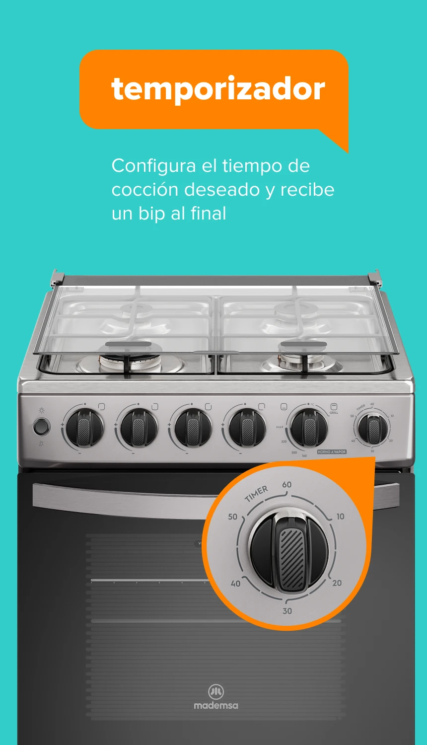 timer. Configura el tiempo de cocción deseado y recibe un bip al final