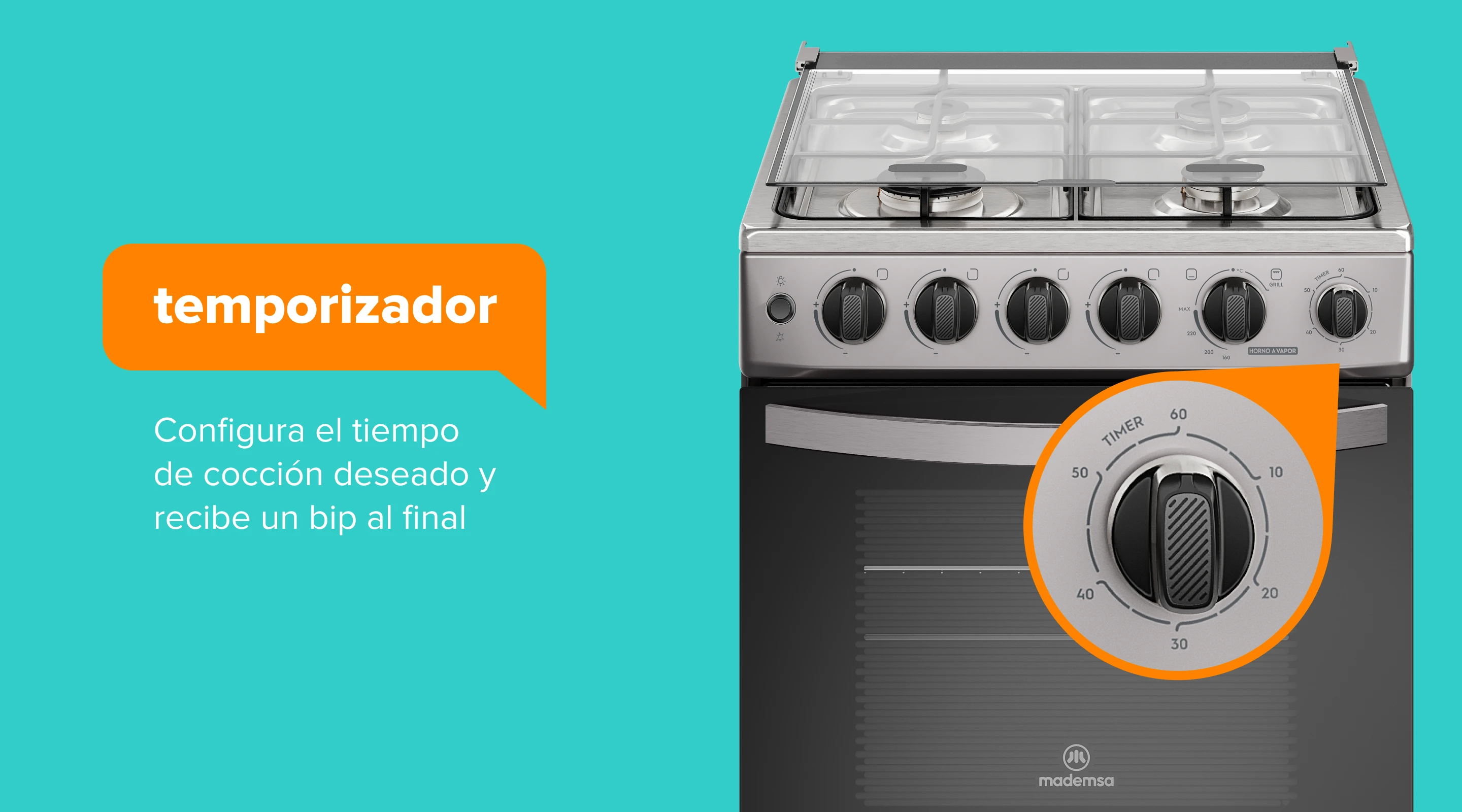 timer. Configura el tiempo de cocción deseado y recibe un bip al final
