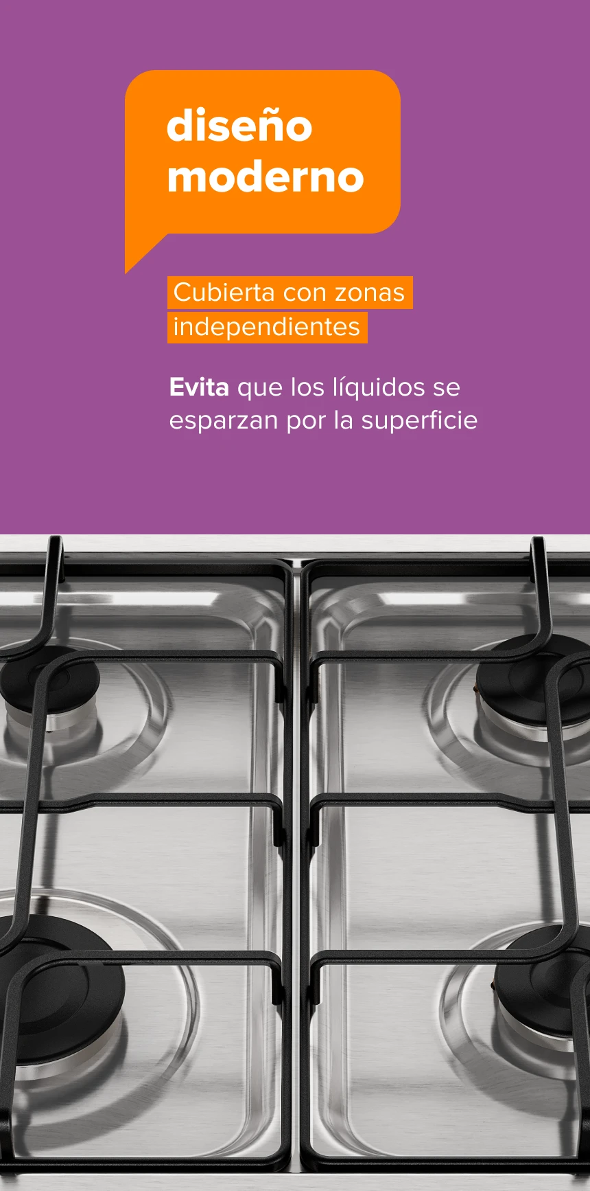 diseño moderno. Cubierta con zonas independientes. Evita que los líquidos se esparcen por la superficie