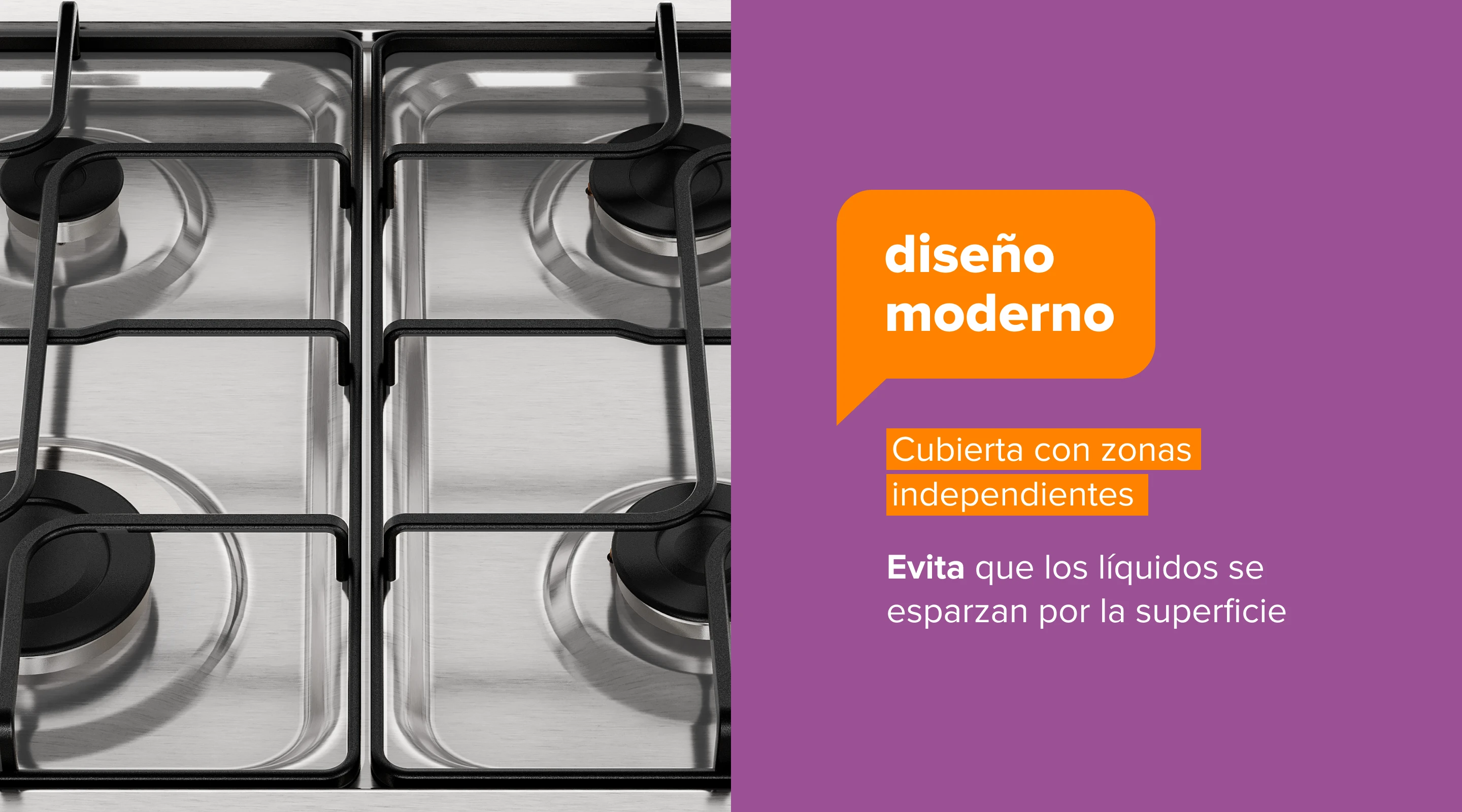 diseño moderno. Cubierta con zonas independientes. Evita que los líquidos se esparcen por la superficie 