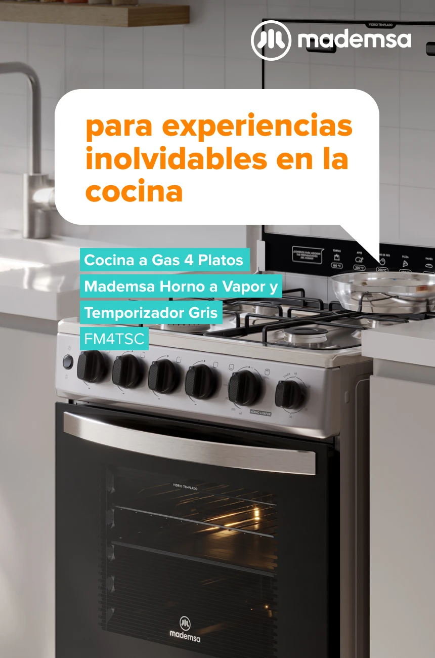 Para experiencias inolvidables en la cocina. Cocina a Gas 4 Platos Mademsa Horno a Vapor y Timer Gris FM4TSC