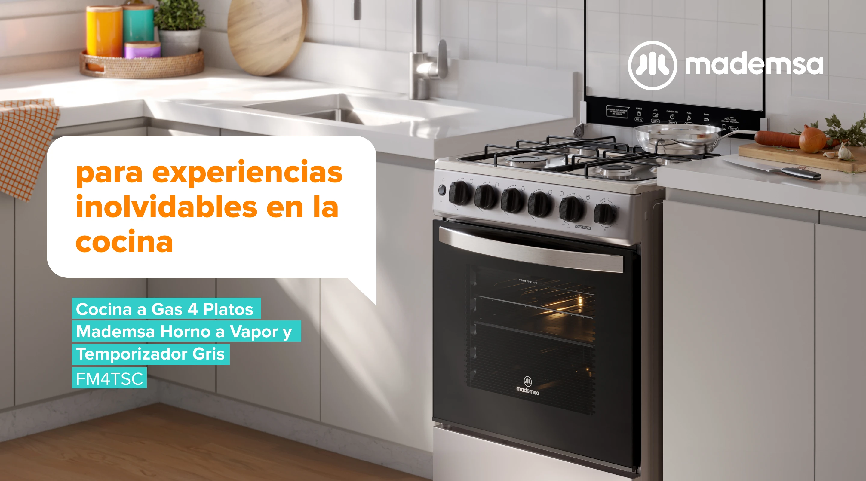 Para experiencias inolvidables en la cocina. Cocina a Gas 4 Platos Mademsa Horno a Vapor y Timer Gris FM4TSC