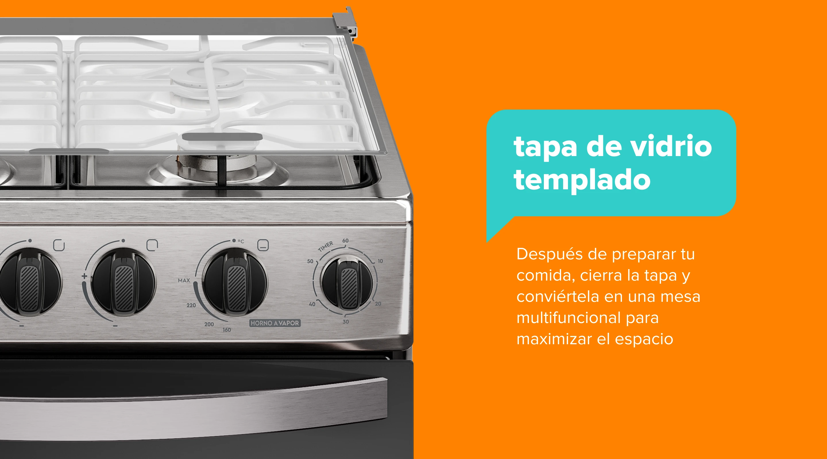 tapa de vidrio templado. Después de preparar tu comida, cierra la tapa y conviértela en una mesa multifuncional para maximizar el espacio