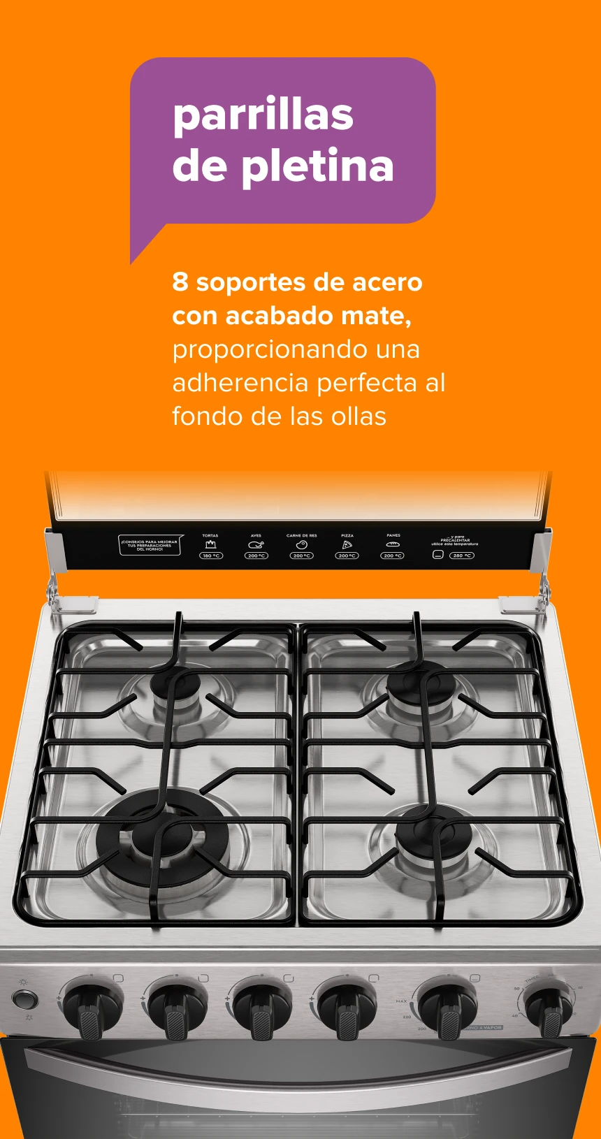 parrillasde pletina. 8 soportes de acero con acabado mate, proporcionando una adherencia perfecta al fondo de las ollas