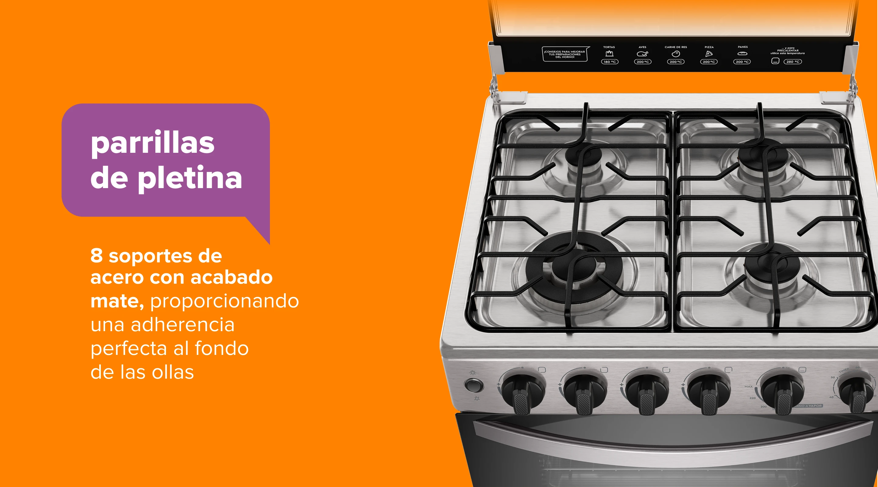 parrillasde pletina. 8 soportes de acero con acabado mate, proporcionando una adherencia perfecta al fondo de las ollas