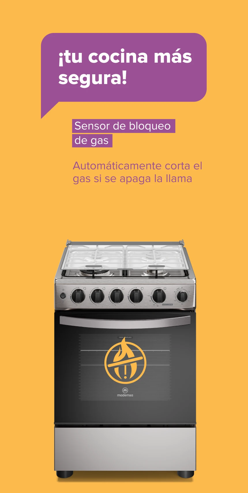 ¡tu cocina más segura! Sensor de bloqueo de gas. Automáticamente corta el gas si se apaga la llama