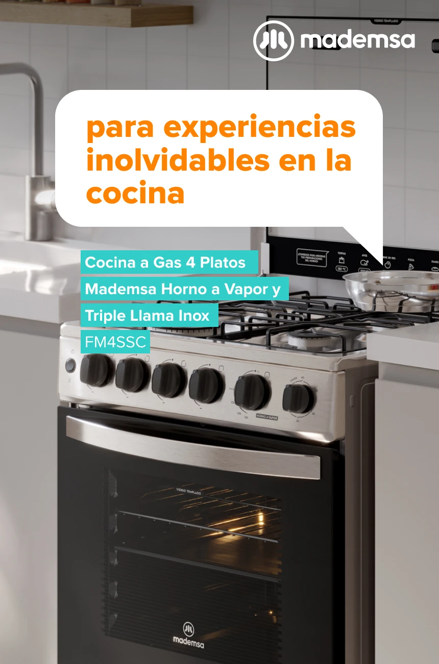 Para experiencias inolvidables en la cocina. Cocina a Gas 4 Platos Mademsa Horno a Vapor y Timer Gris FM4FSC