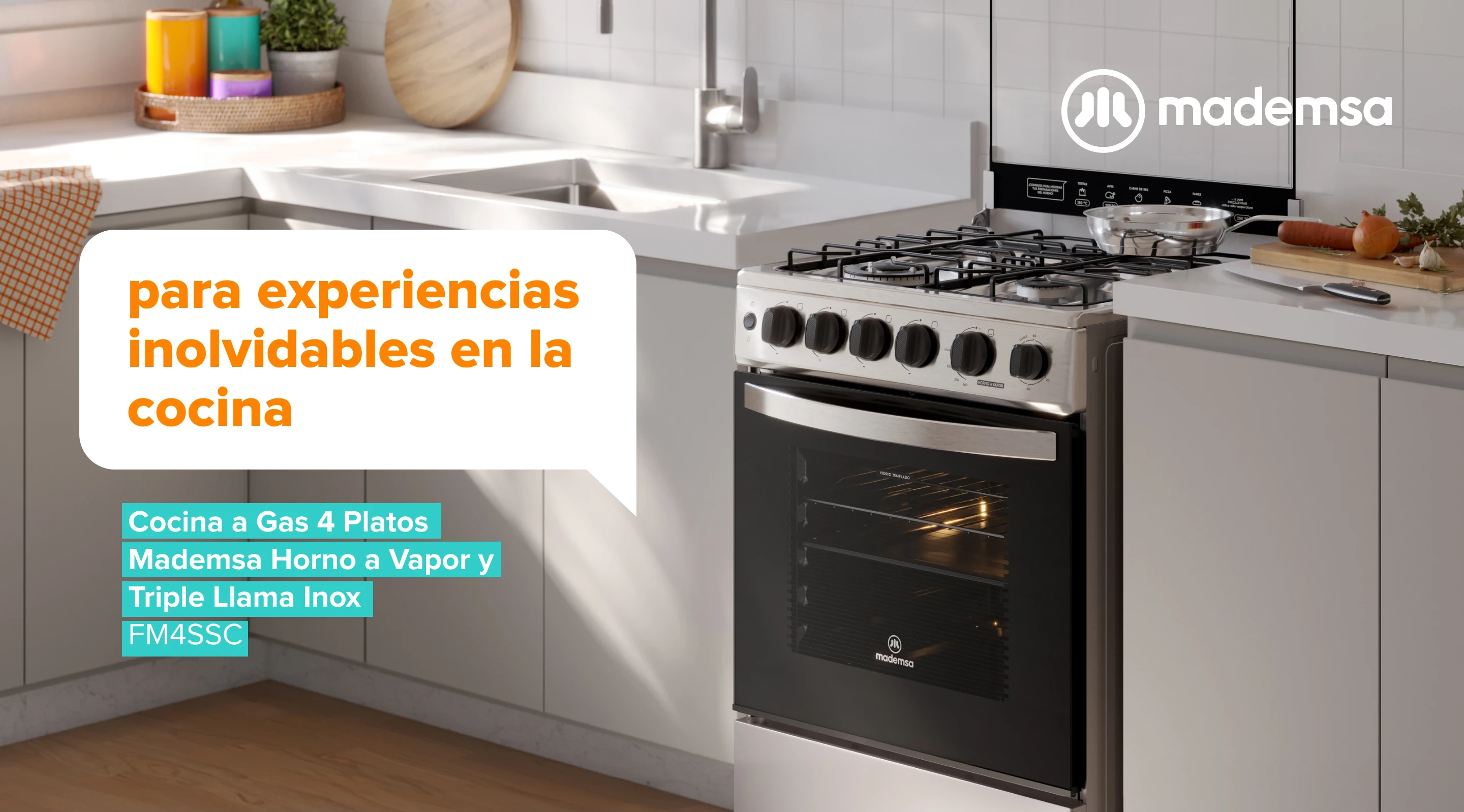 Para experiencias inolvidables en la cocina. Cocina a Gas 4 Platos Mademsa Horno a Vapor y Timer Gris FM4FSC