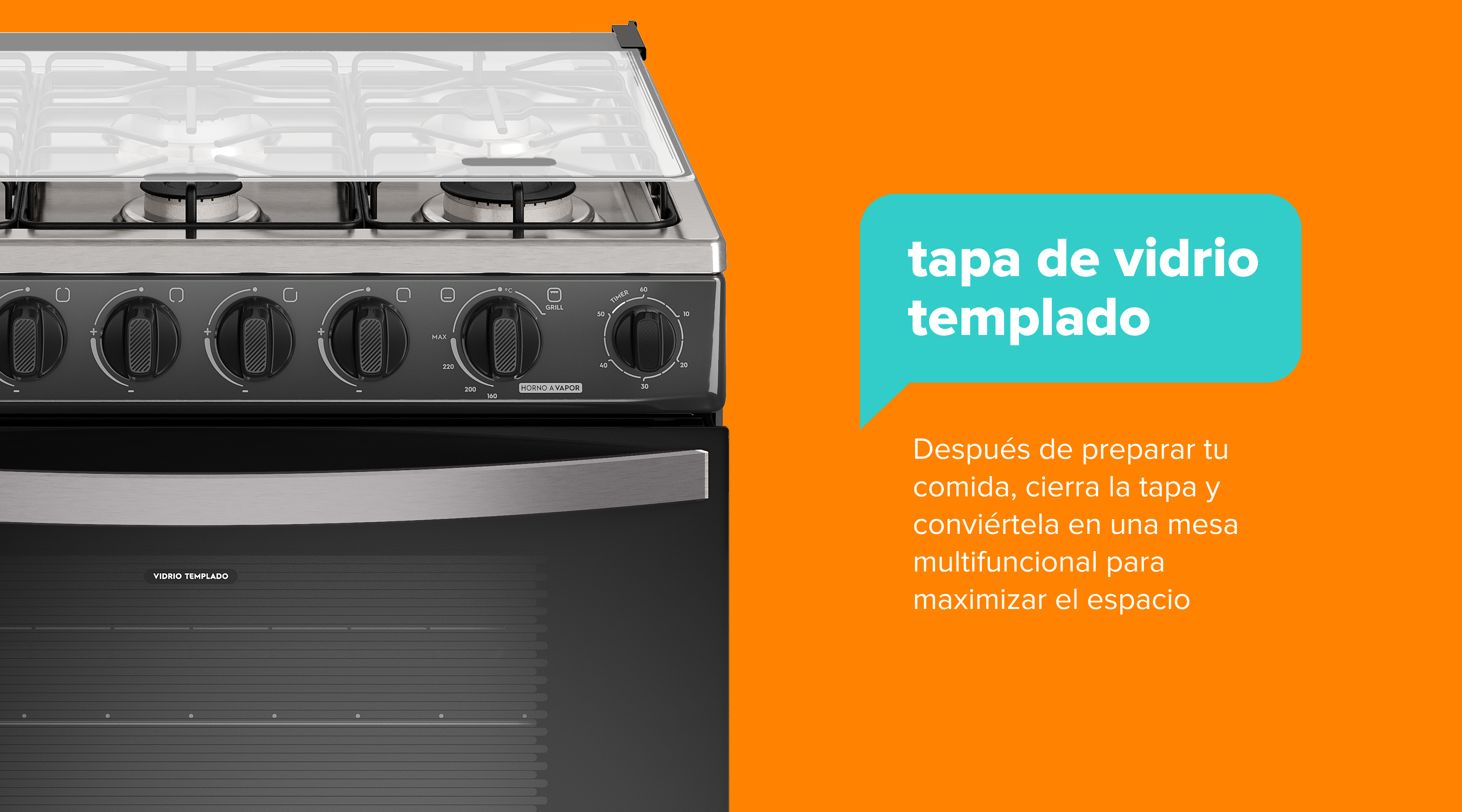 tapa de vidrio templado. Después de preparar tu comida, cierra la tapa y conviértela en una mesa multifuncional para maximizar el espacio