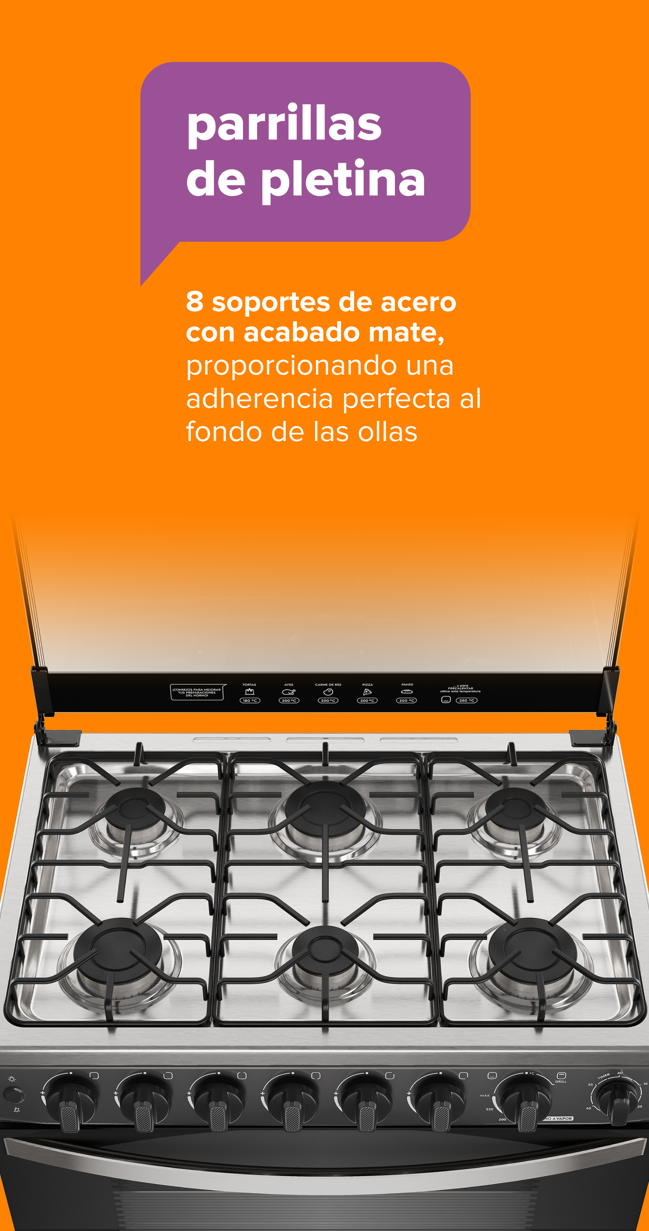 parrillasde pletina. 8 soportes de acero con acabado mate, proporcionando una adherencia perfecta al fondo de las ollas