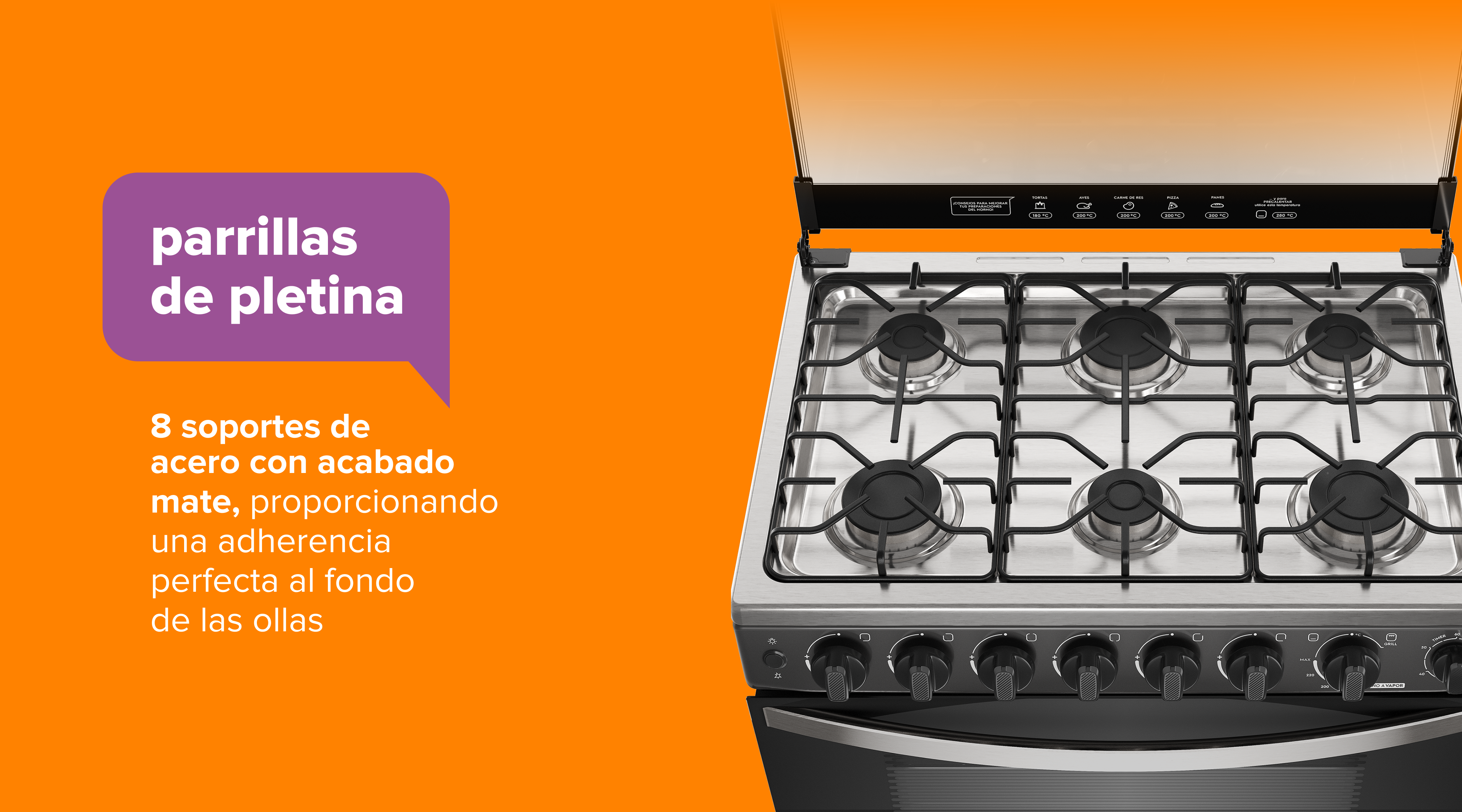 parrillasde pletina. 8 soportes de acero con acabado mate, proporcionando una adherencia perfecta al fondo de las ollas
